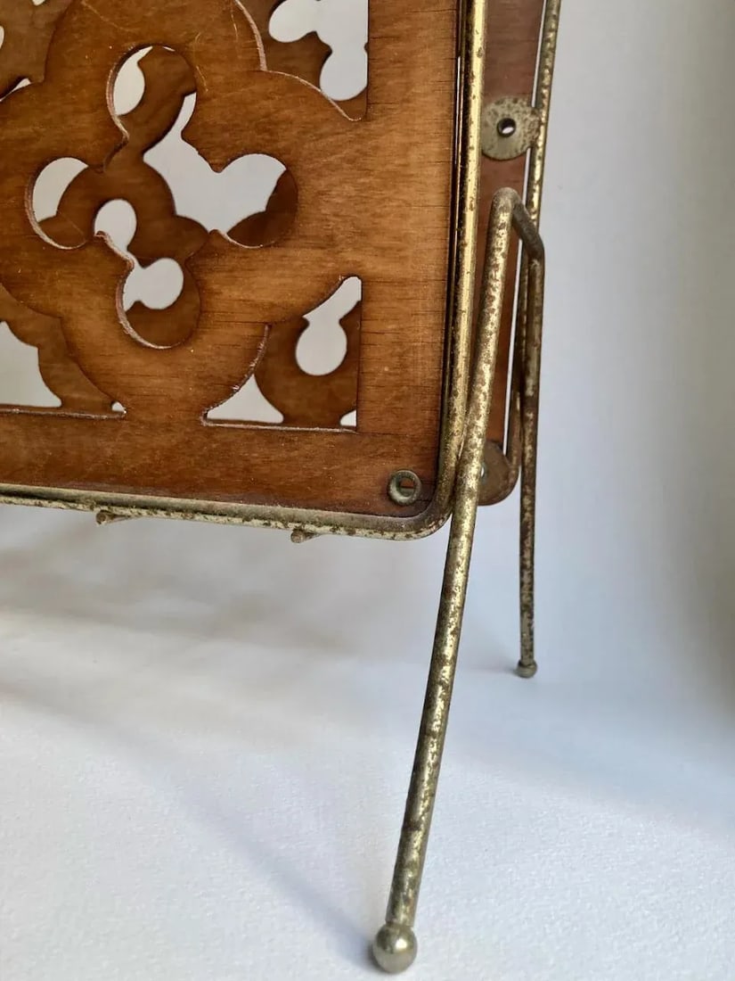 Mid Century Modern Quatrefoil Wood & Metal Magazine Rack - 9