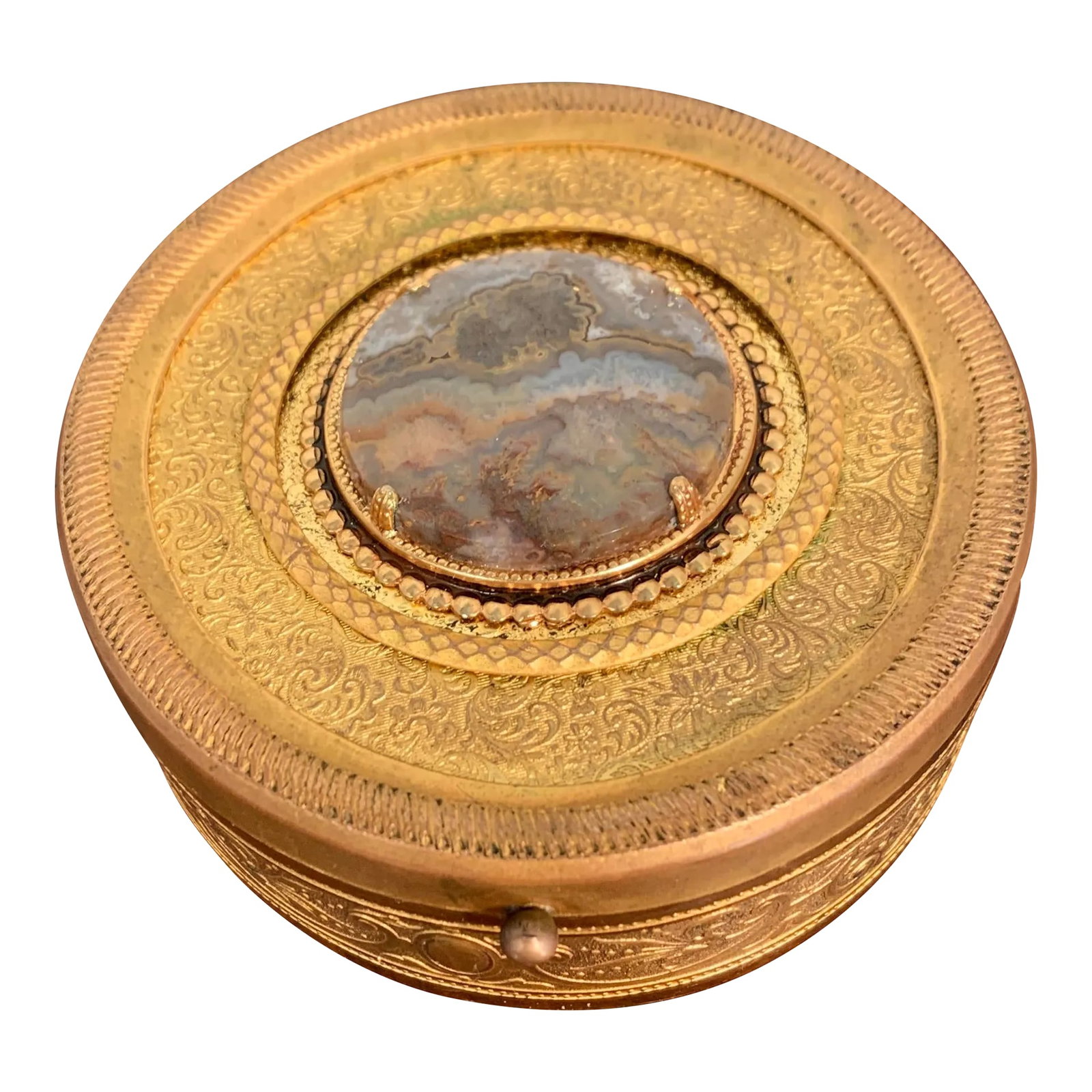 Late 19th Century Round Gilt Brass Box With Inset Agate: Round Gilt Brass Box w/Inset Agate. The box would have originally had a portrait, but has been reimagined by insetting a mounted agate in the center. The interior is lined with most likley the