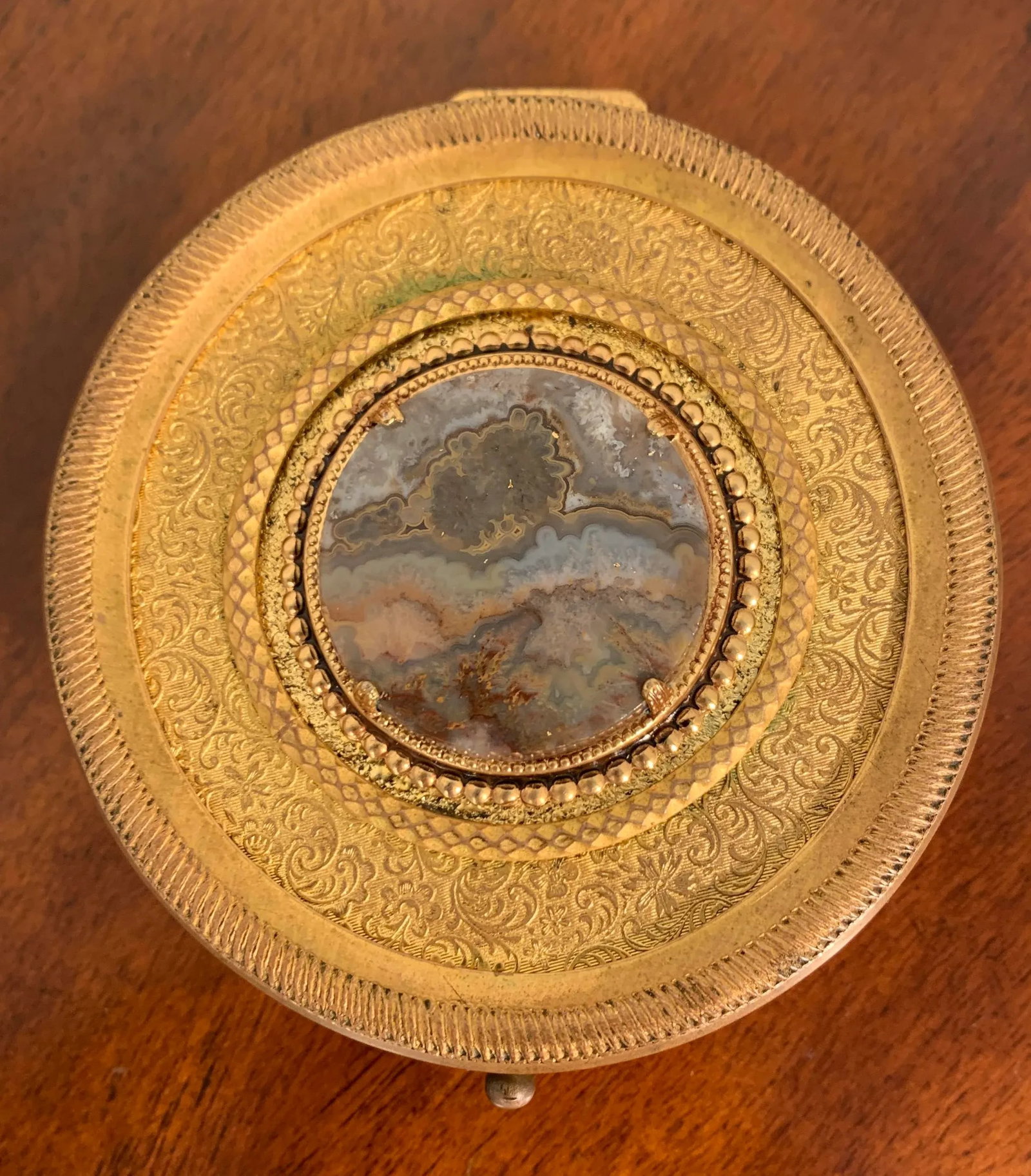 Late 19th Century Round Gilt Brass Box With Inset Agate - 5