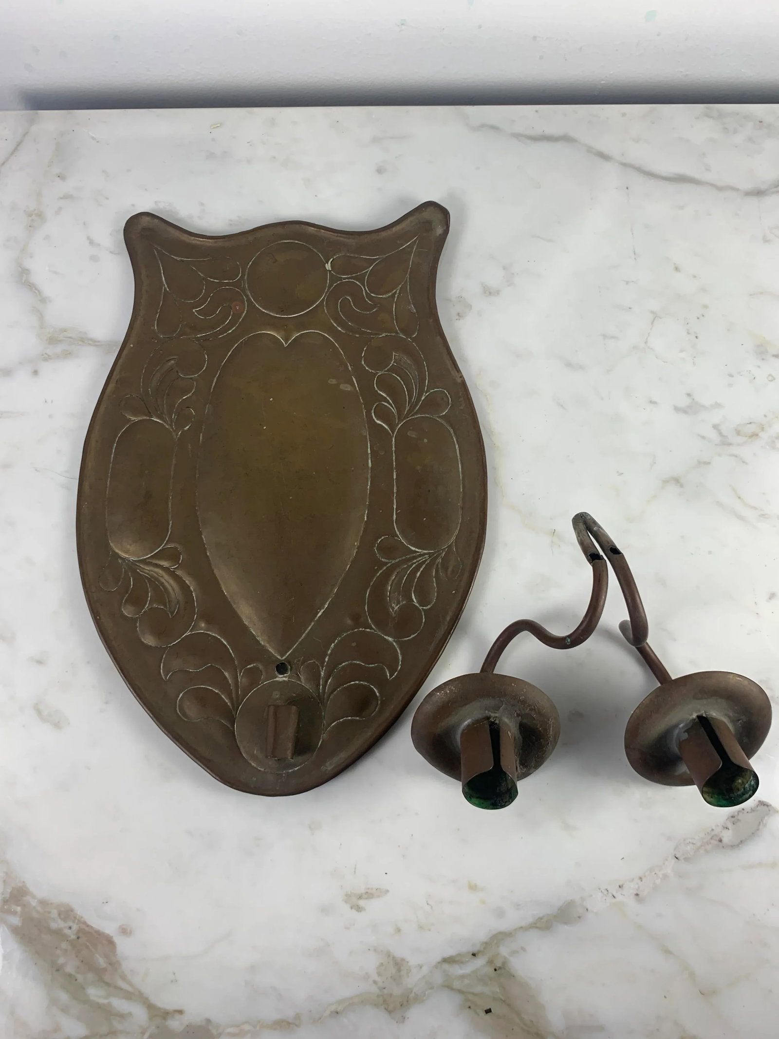 1900s Arts & Crafts Repousse Double Candle Brass Sconce - 12