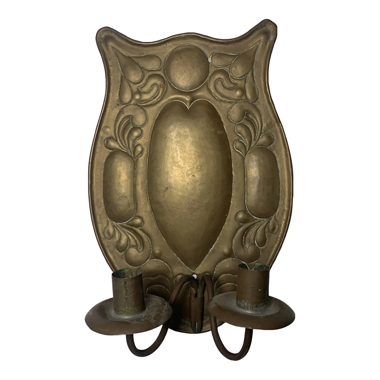 1900s Arts & Crafts Repousse Double Candle Brass Sconce (1 of 13)