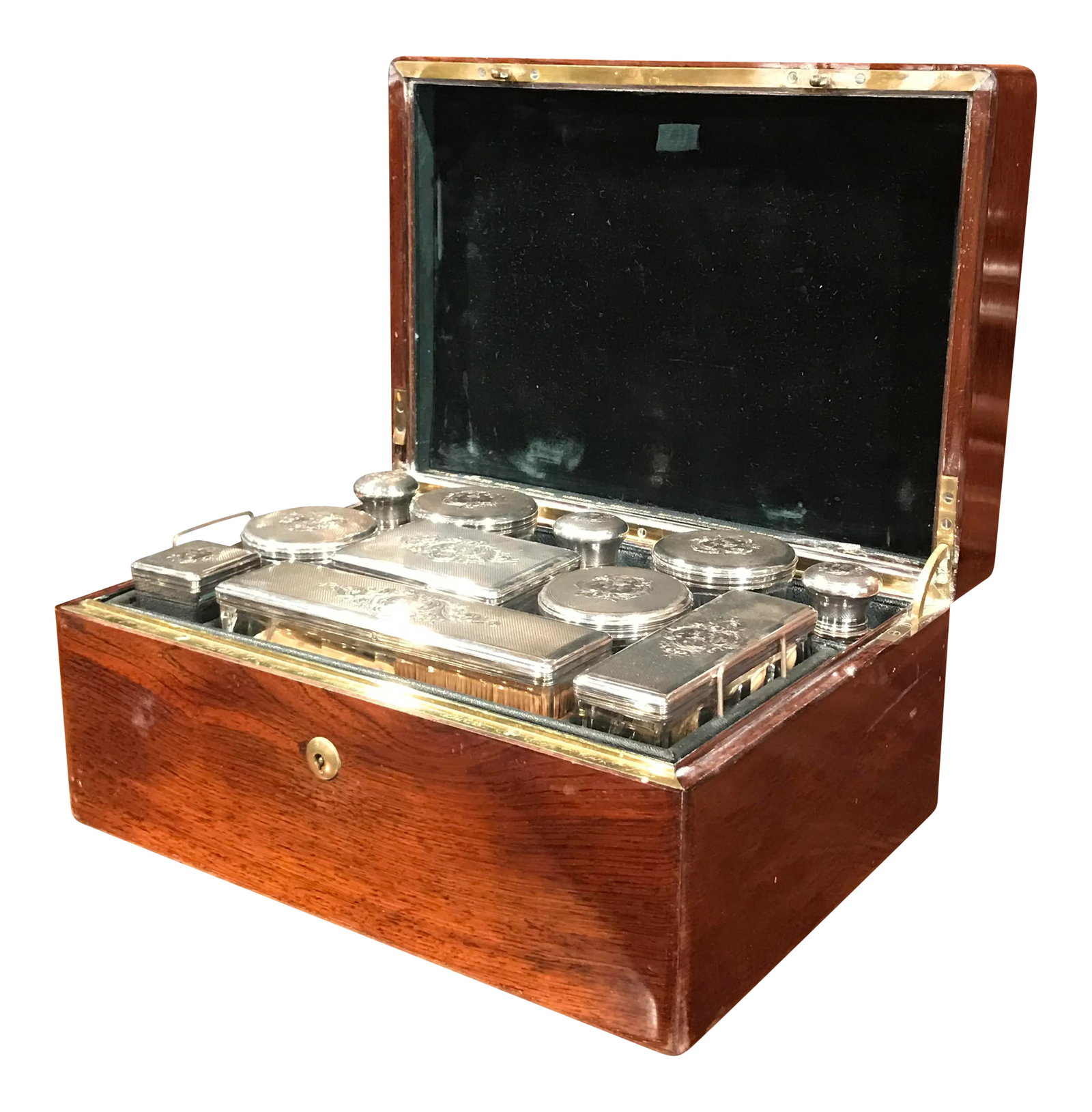 19th Century French Rosewood Travel Vanity Case with Glass Silver Bottles Dated (1 of 11)