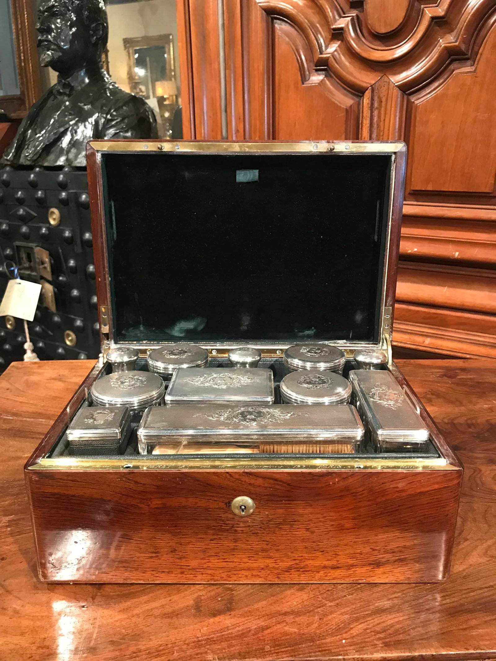 19th Century French Rosewood Travel Vanity Case with Glass Silver Bottles Dated - 2