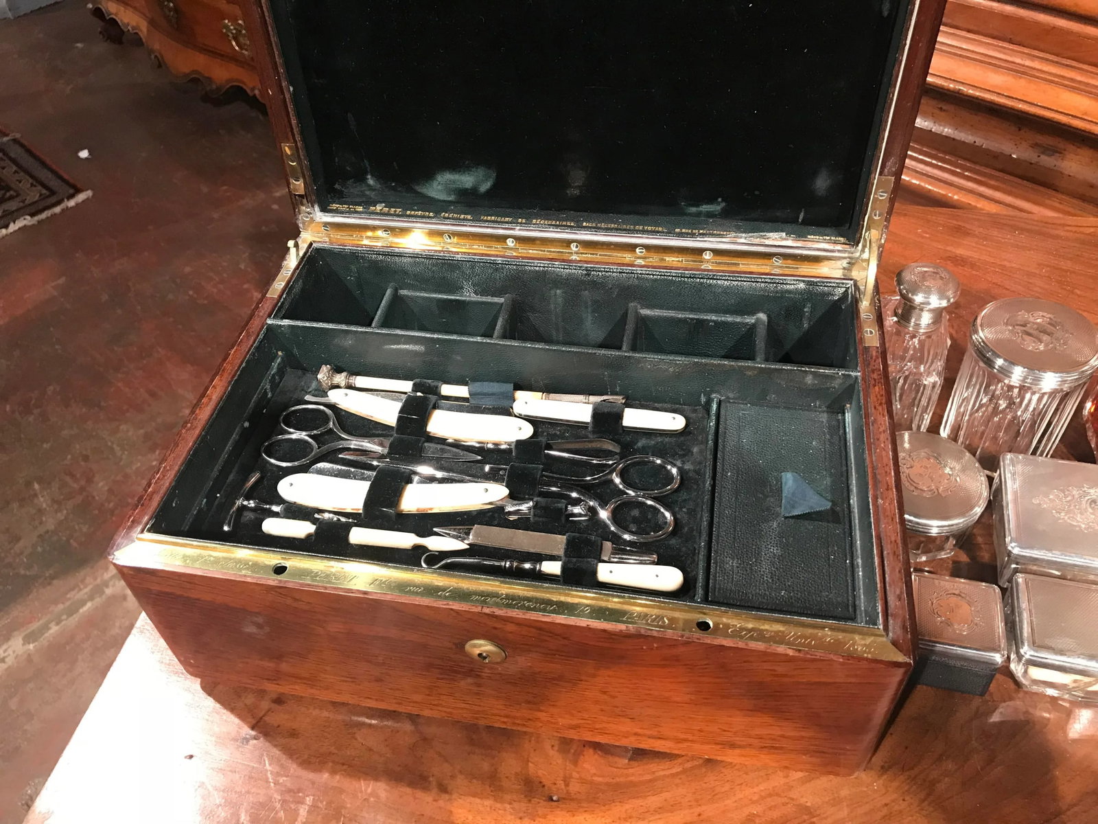 19th Century French Rosewood Travel Vanity Case with Glass Silver Bottles Dated - 3