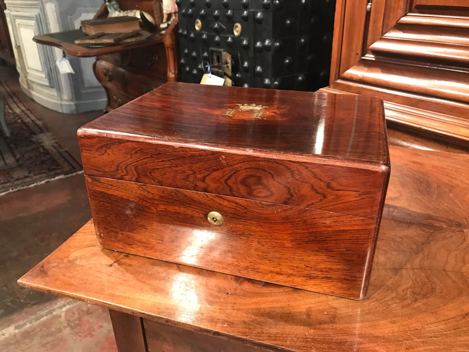 19th Century French Rosewood Travel Vanity Case with Glass Silver Bottles Dated - 4