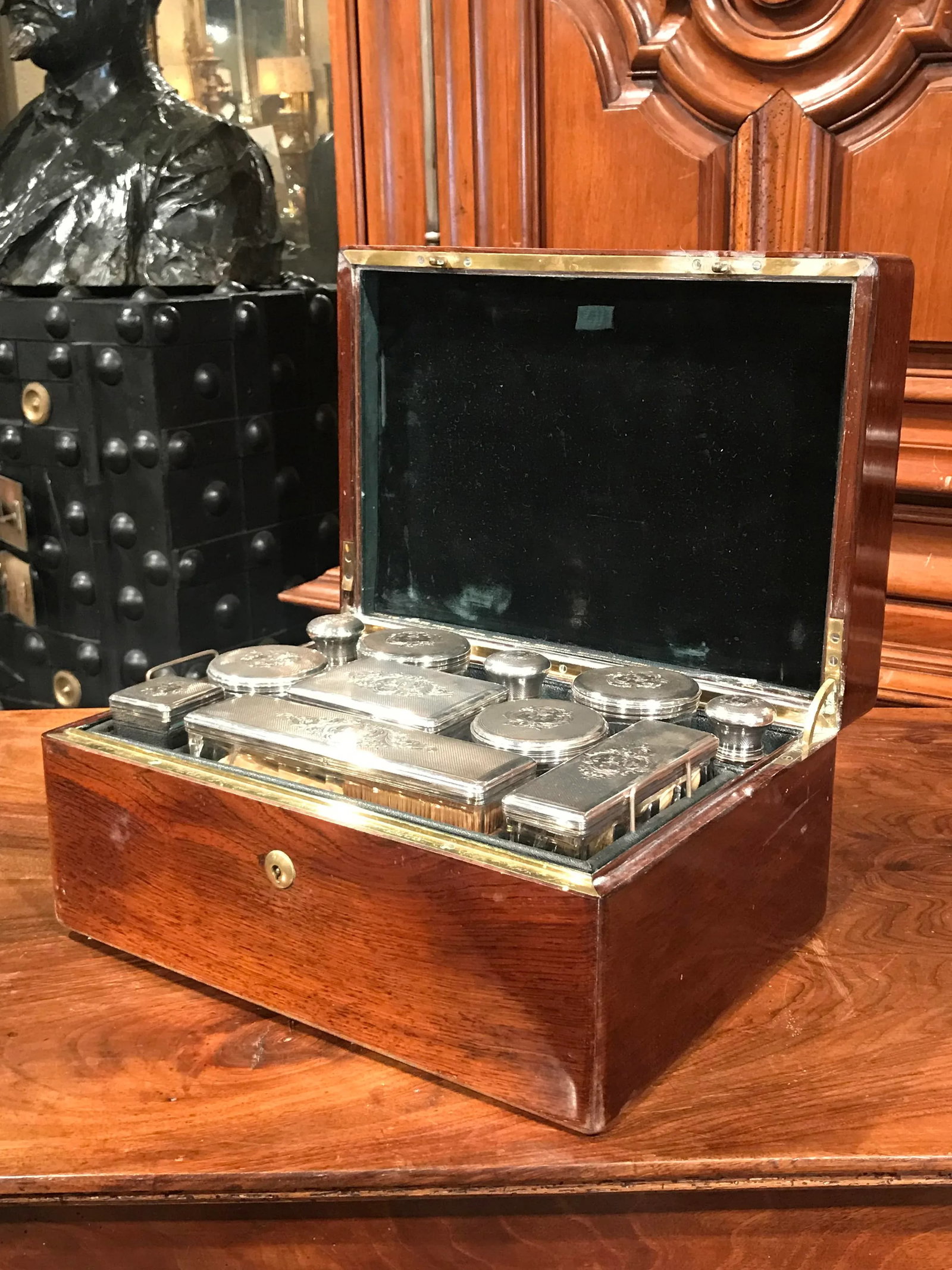 19th Century French Rosewood Travel Vanity Case with Glass Silver Bottles Dated - 5