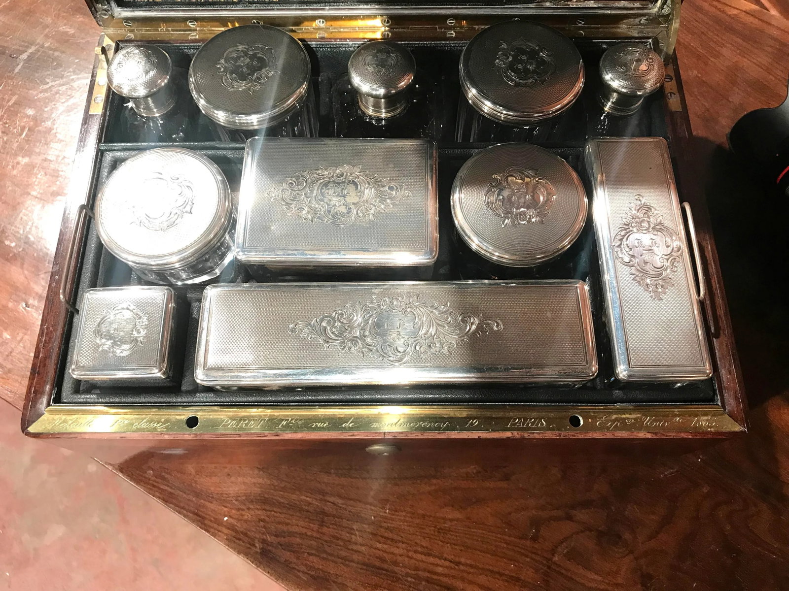 19th Century French Rosewood Travel Vanity Case with Glass Silver Bottles Dated - 6