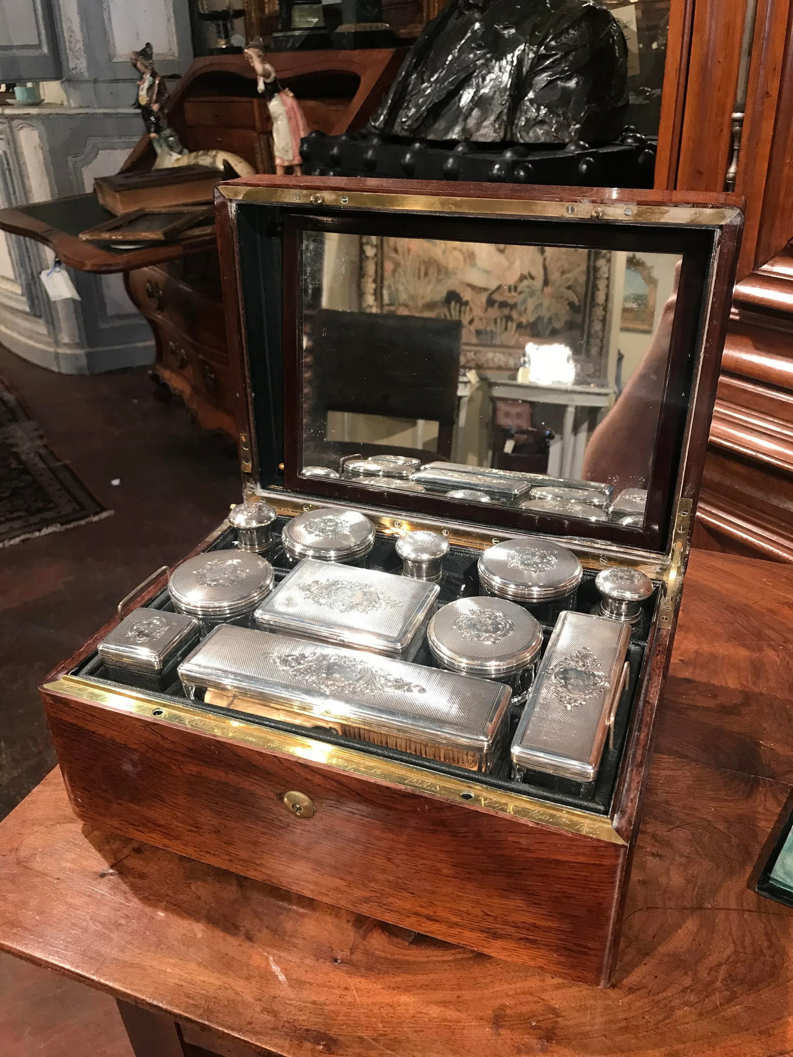 19th Century French Rosewood Travel Vanity Case with Glass Silver Bottles Dated - 7