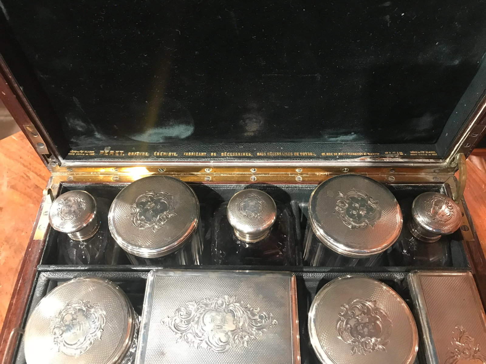 19th Century French Rosewood Travel Vanity Case with Glass Silver Bottles Dated - 8
