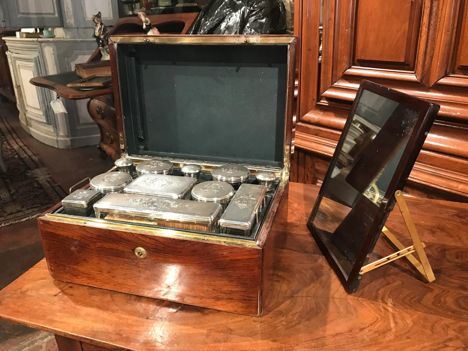 19th Century French Rosewood Travel Vanity Case with Glass Silver Bottles Dated - 9