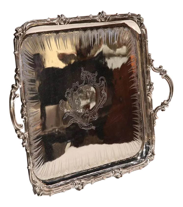 19th Century French Christofle Silver Plated Repousse Serving Tray: Elevate a bar, dining table, or coffee service with this elegant antique French silver plated serving tray by Christofle, crafted circa 1870. Of generous rectangular form with softly rounded corners, 