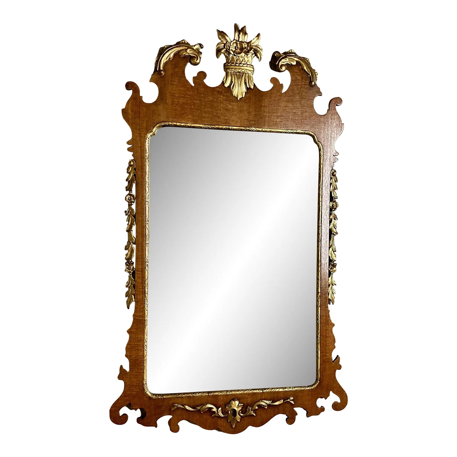 1920s Federal Walnut Mirror With Gold Acanthus Leaves and Flowers by Kindel Oxford: Antique Federal style, gorgeous, walnut-carved mirror with beautiful carved gold-painted acanthus leaves and flowers for its crown. This is one of a kind made by Kindel, (Oxford), Grand Rapids,
