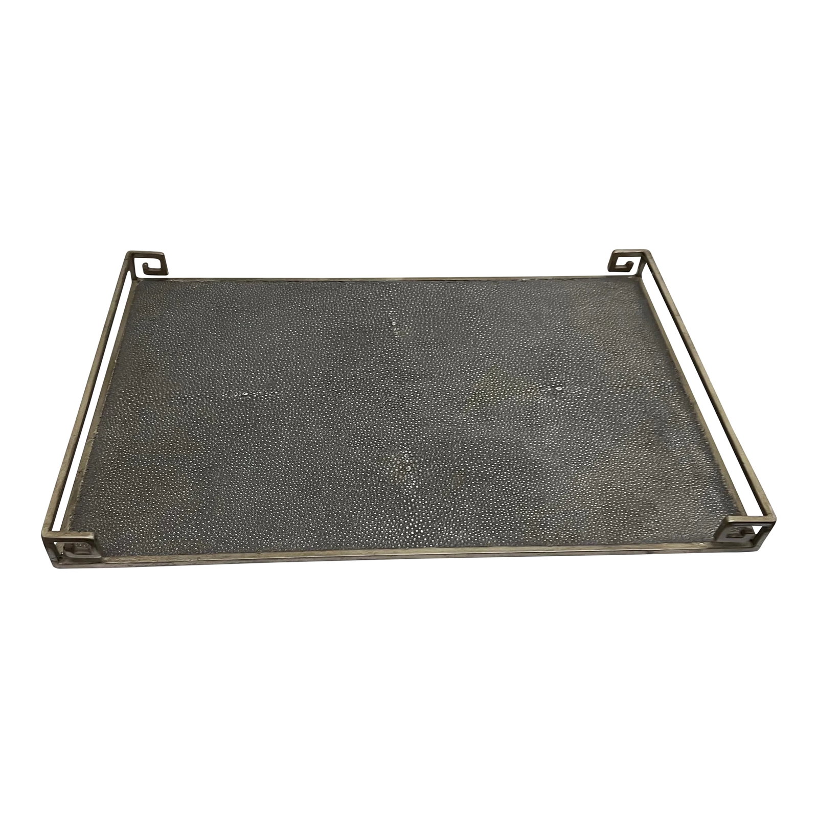 Contemporary Faux Shagreen Tray: Nice grey faux shagreen tray with metal frame in matte gray/ silvery finish with interesting greek key accent on corners. perfect for a collection of items , from watches to small boxes, decor. made