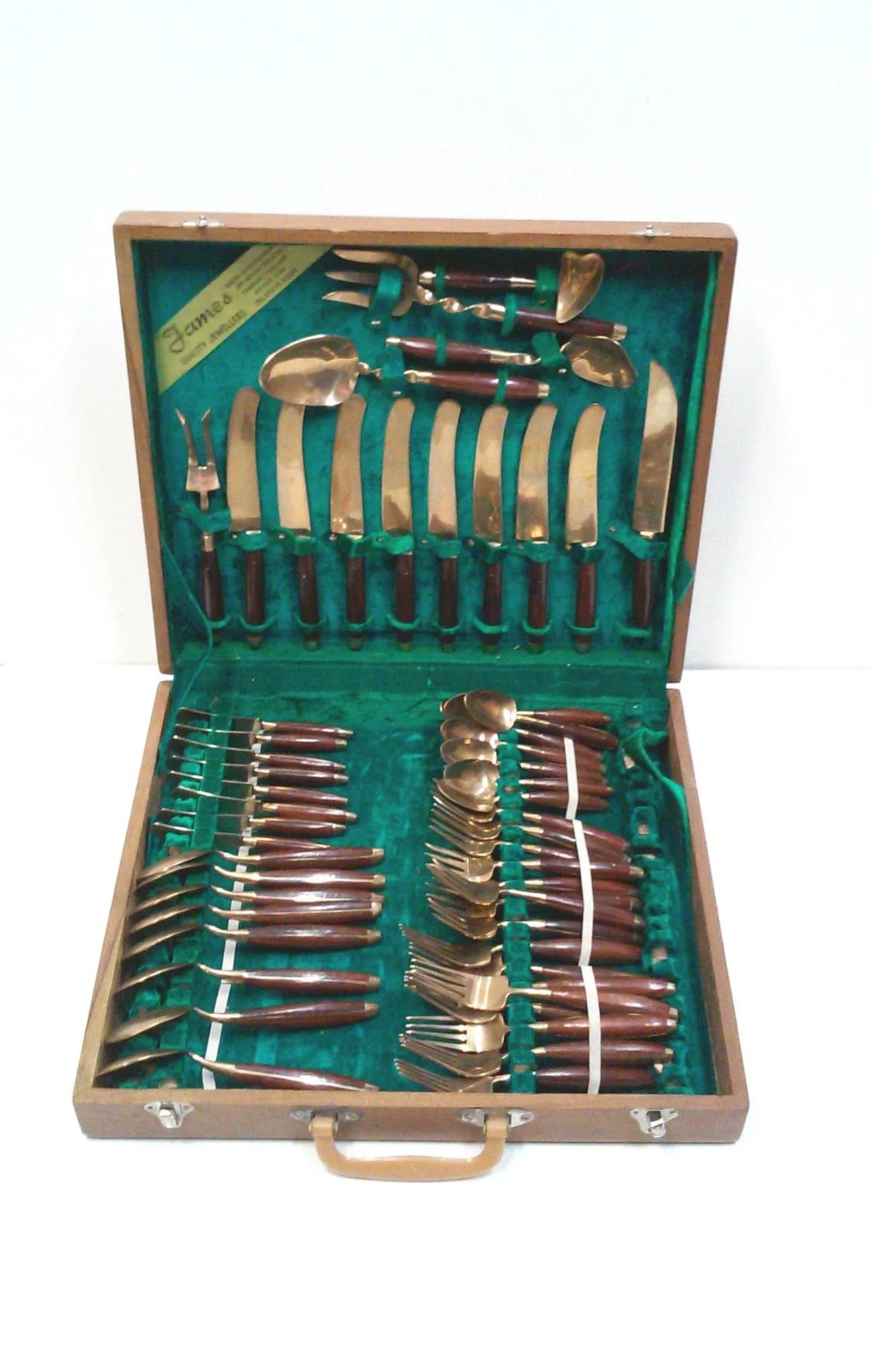 Vintage Rosewood Bronze Flatware Set-Service for 8 Teak Case Bangkok - 11