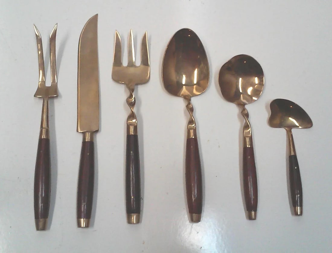 Vintage Rosewood Bronze Flatware Set-Service for 8 Teak Case Bangkok - 8
