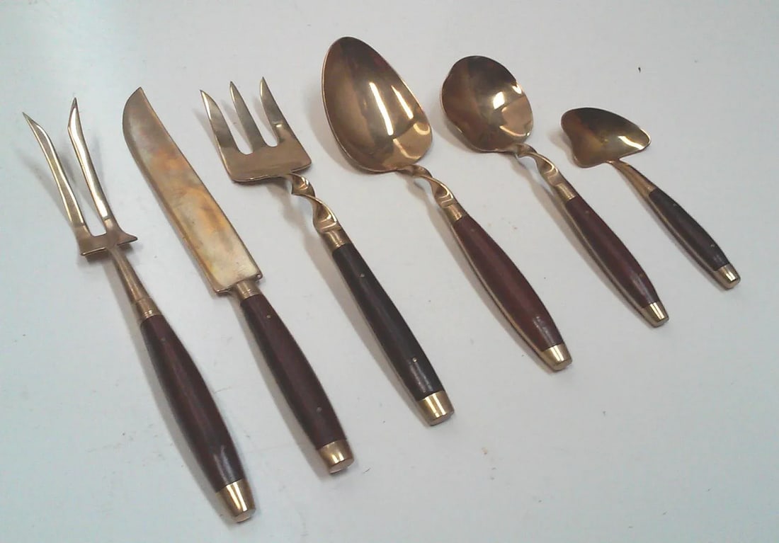 Vintage Rosewood Bronze Flatware Set-Service for 8 Teak Case Bangkok - 9