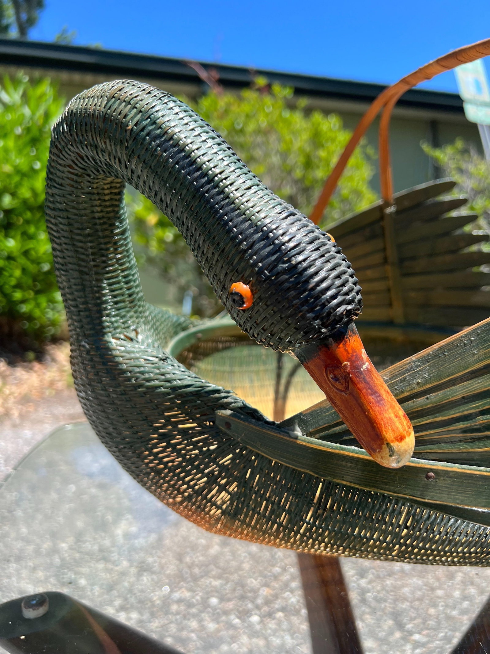 1960s Green Woven Wicker Rattan & Bamboo Swan Basket - 2