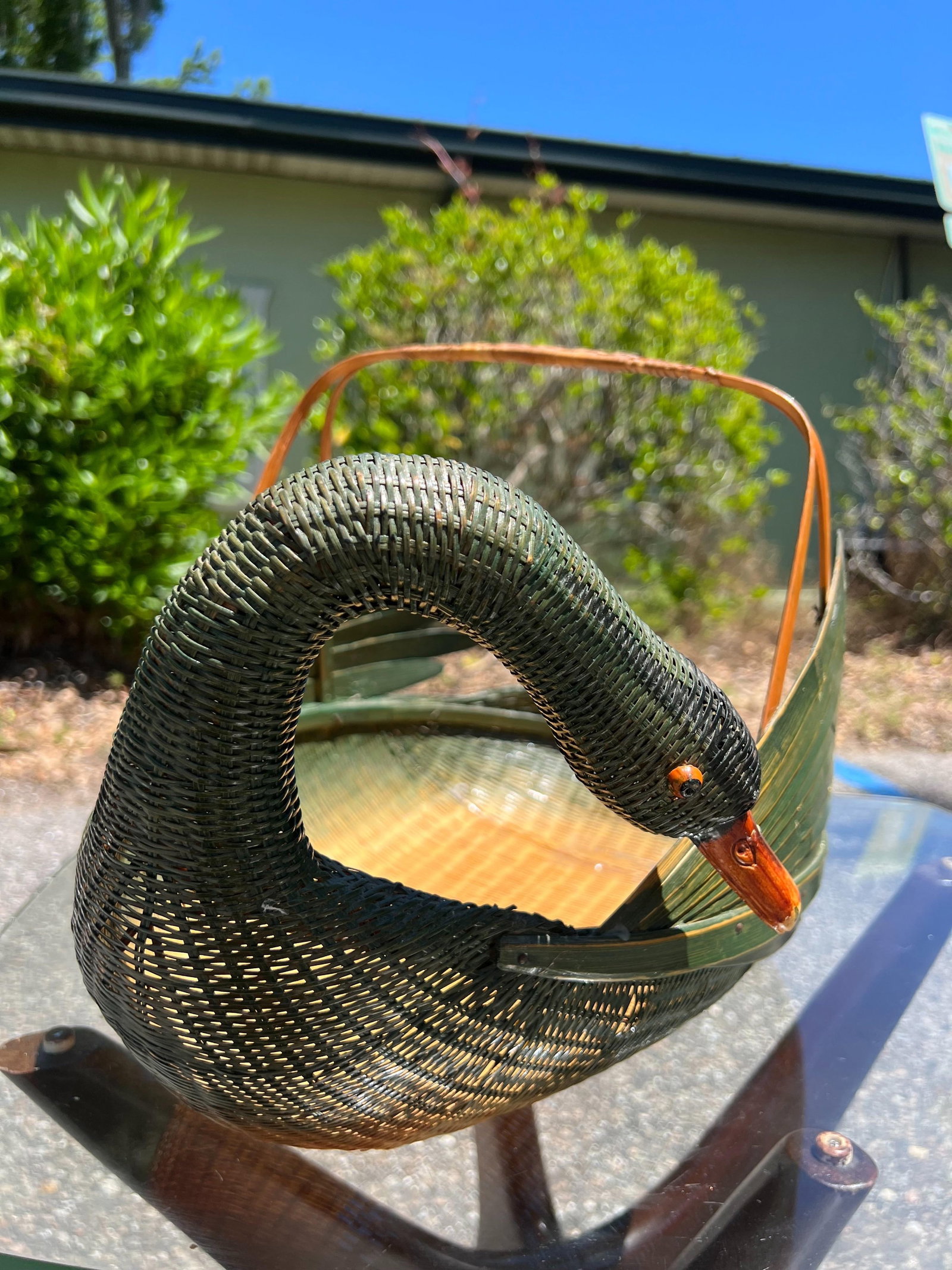 1960s Green Woven Wicker Rattan & Bamboo Swan Basket - 3