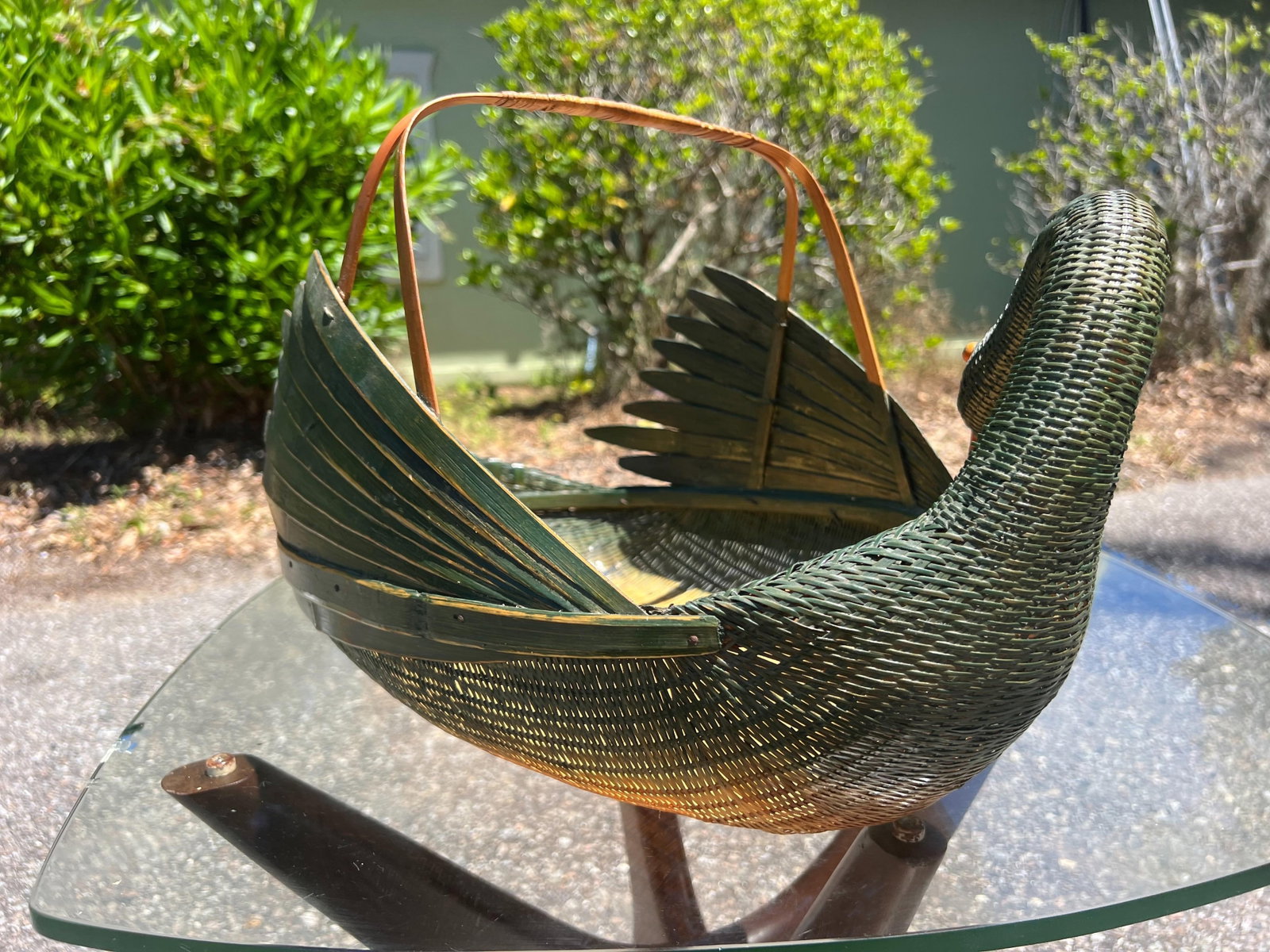 1960s Green Woven Wicker Rattan & Bamboo Swan Basket - 4