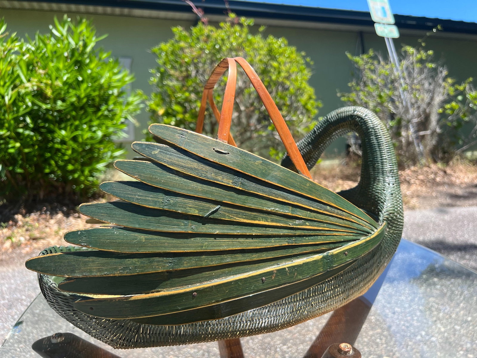 1960s Green Woven Wicker Rattan & Bamboo Swan Basket - 5