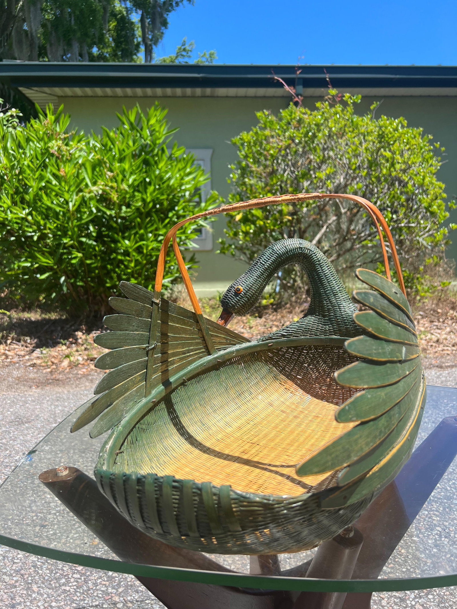 1960s Green Woven Wicker Rattan & Bamboo Swan Basket - 8