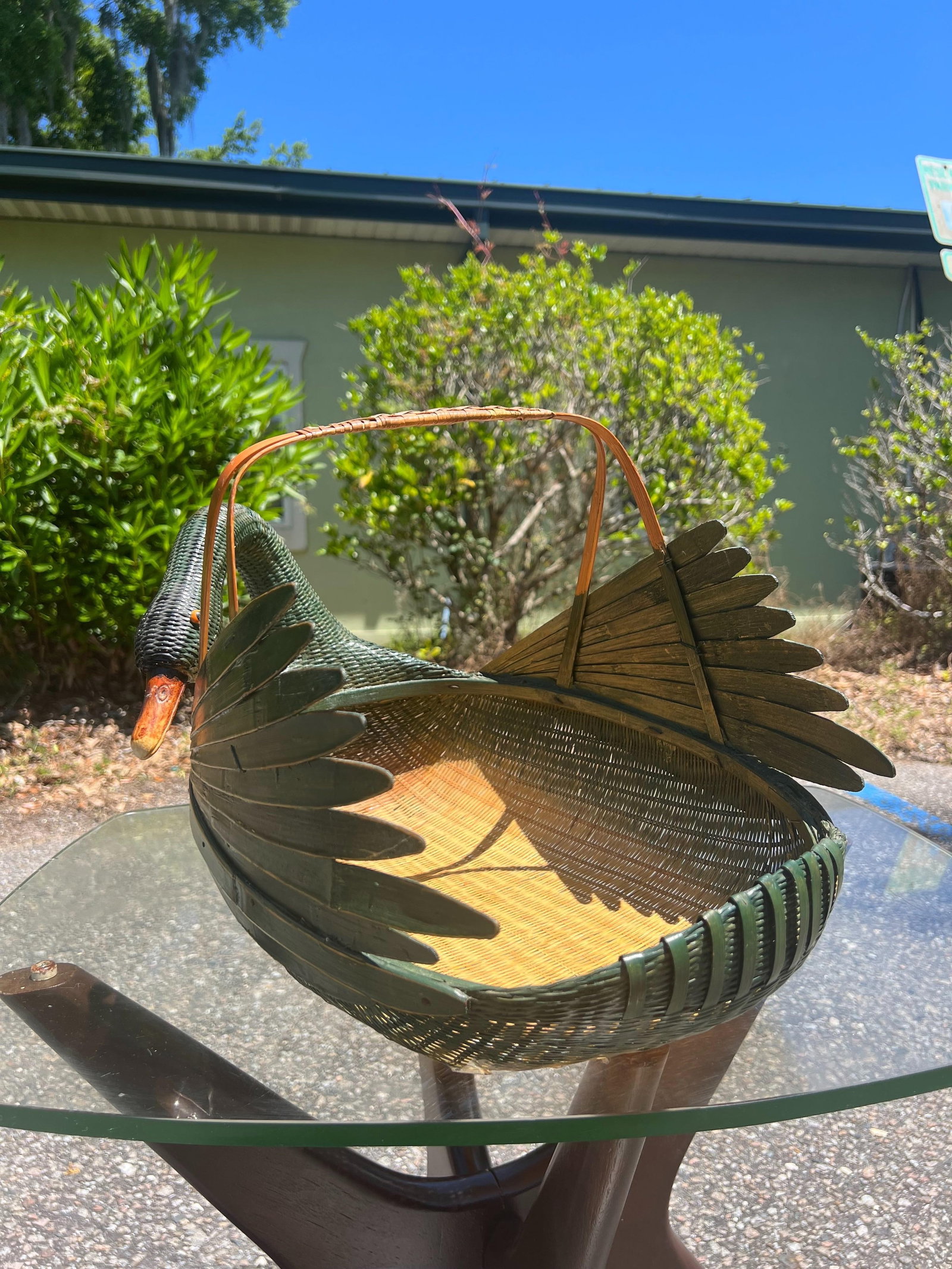 1960s Green Woven Wicker Rattan & Bamboo Swan Basket - 9