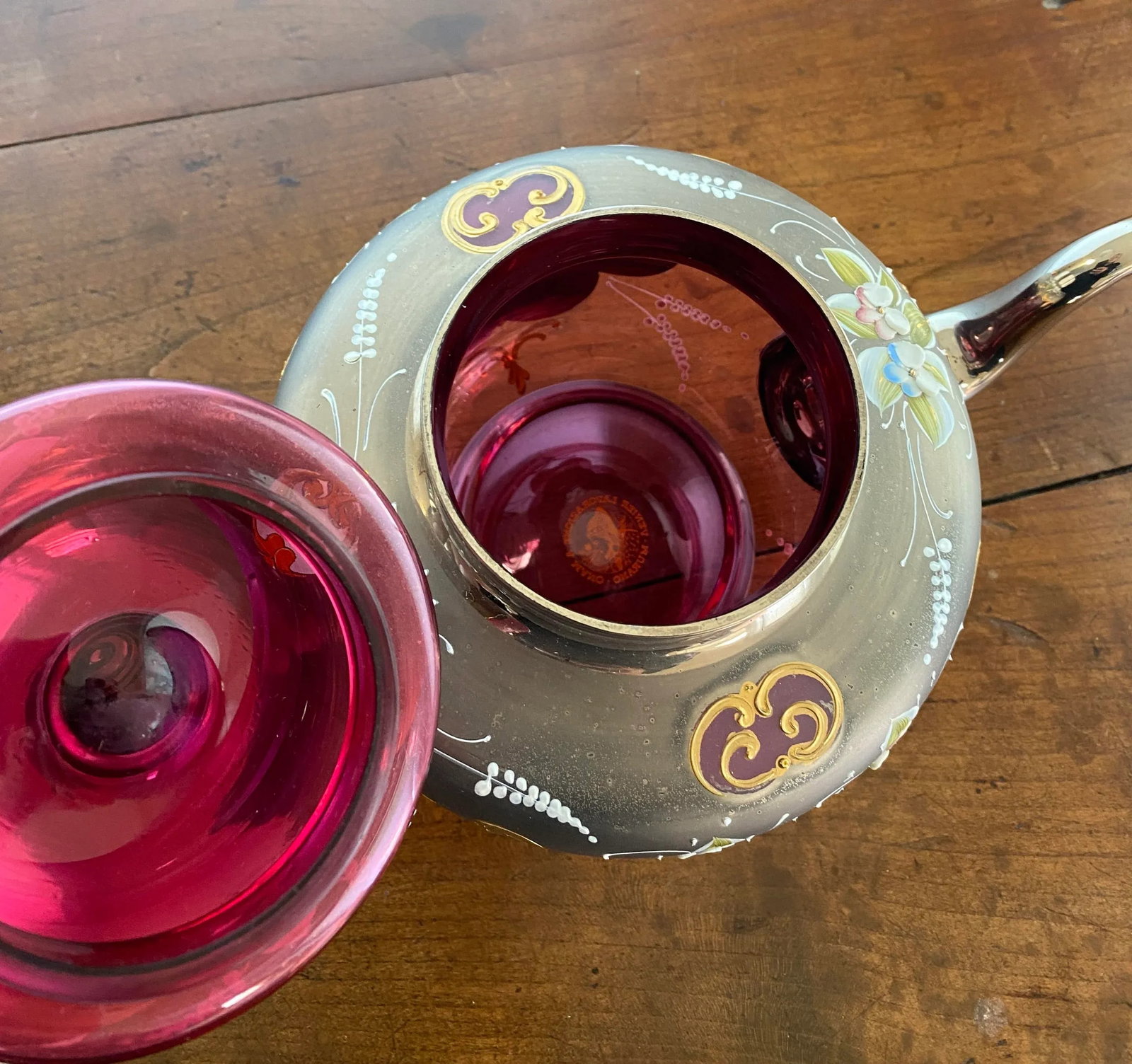 Vintage Venetian Murano Cranberry Glass HandPainted 24k Gold Tea Set- 18 Pieces - 12