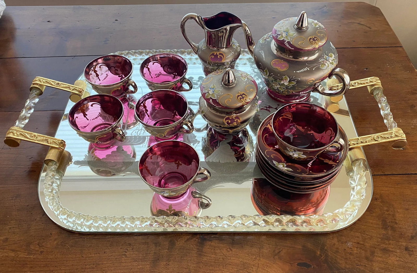 Vintage Venetian Murano Cranberry Glass HandPainted 24k Gold Tea Set- 18 Pieces - 13