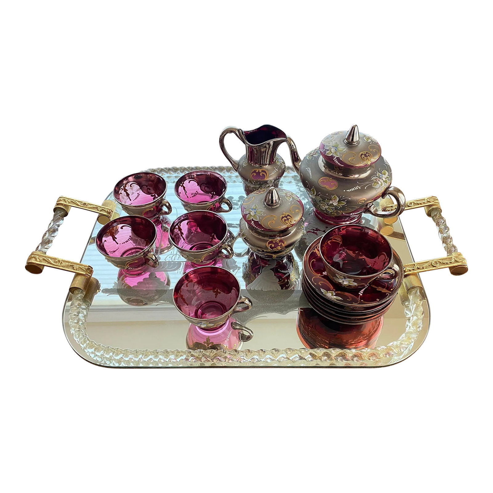 Vintage Venetian Murano Cranberry Glass HandPainted 24k Gold Tea Set- 18 Pieces: Offered is a high quality Vintage Tre Fuochi Venetian Murano Glass Coffee/Tea Set. This high quality set was handmade in the ancient Venetian tradition. Every piece of this set is lavishly decorated w