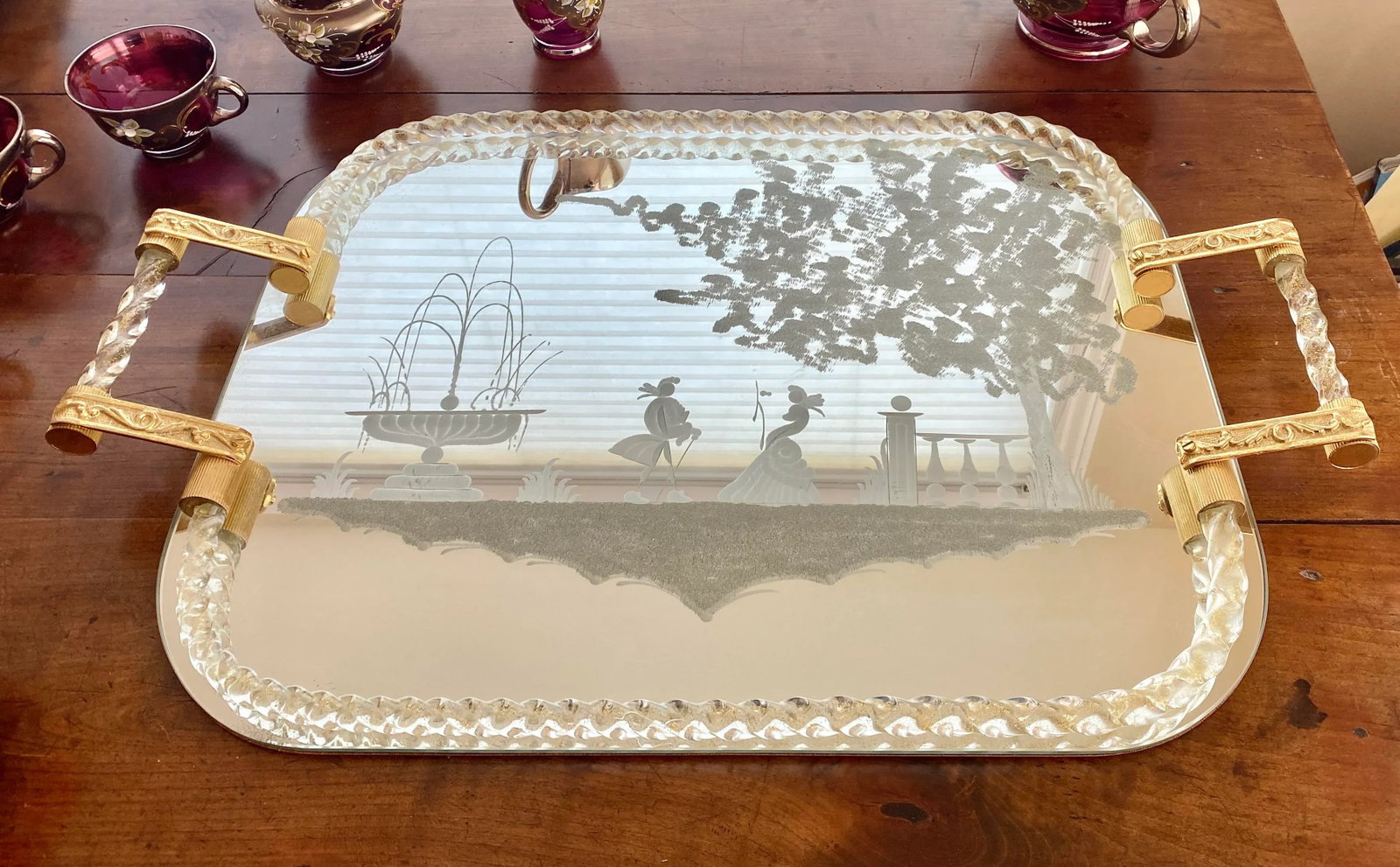 Vintage Venetian Murano Cranberry Glass HandPainted 24k Gold Tea Set- 18 Pieces - 3