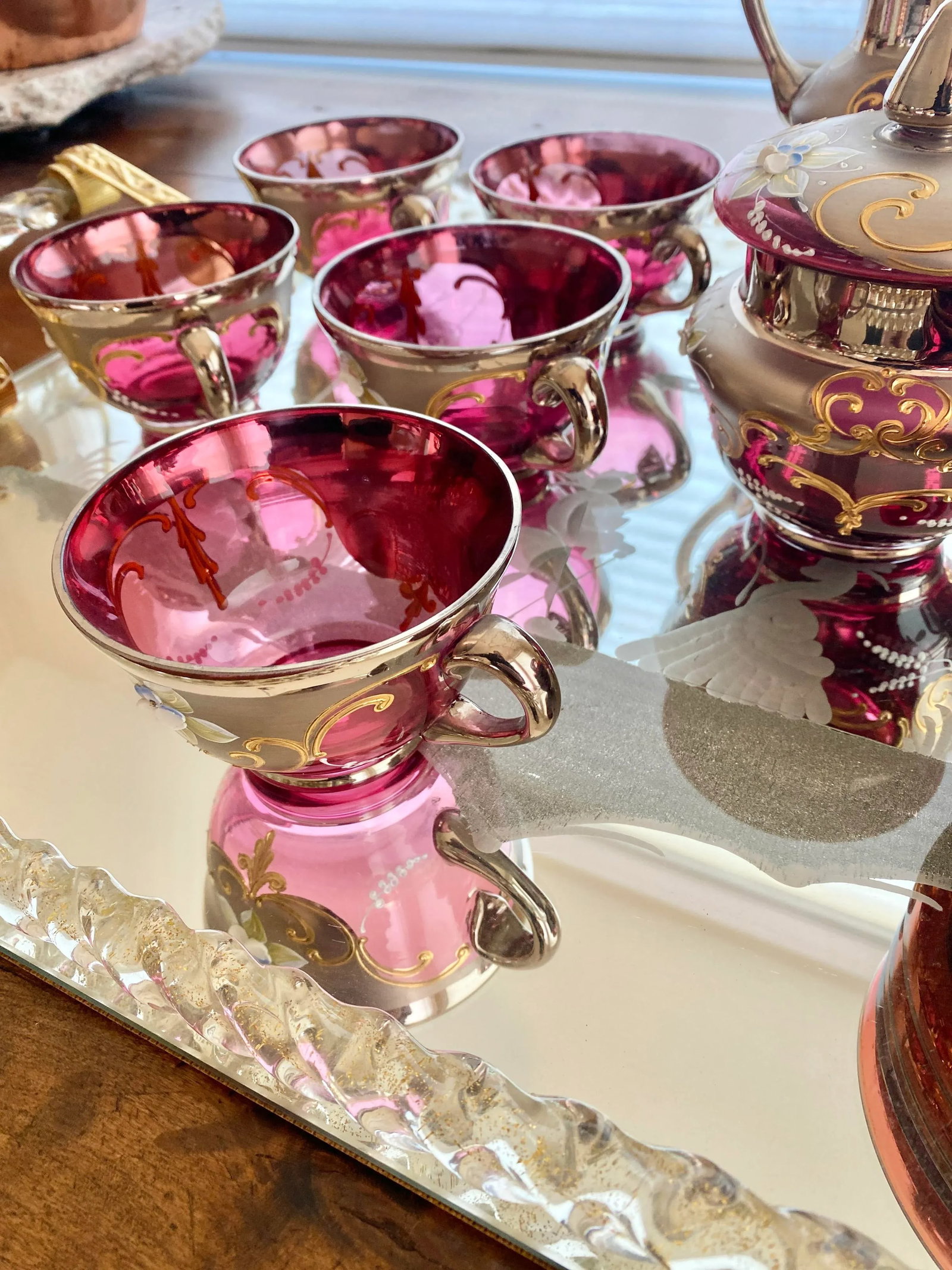 Vintage Venetian Murano Cranberry Glass HandPainted 24k Gold Tea Set- 18 Pieces - 5