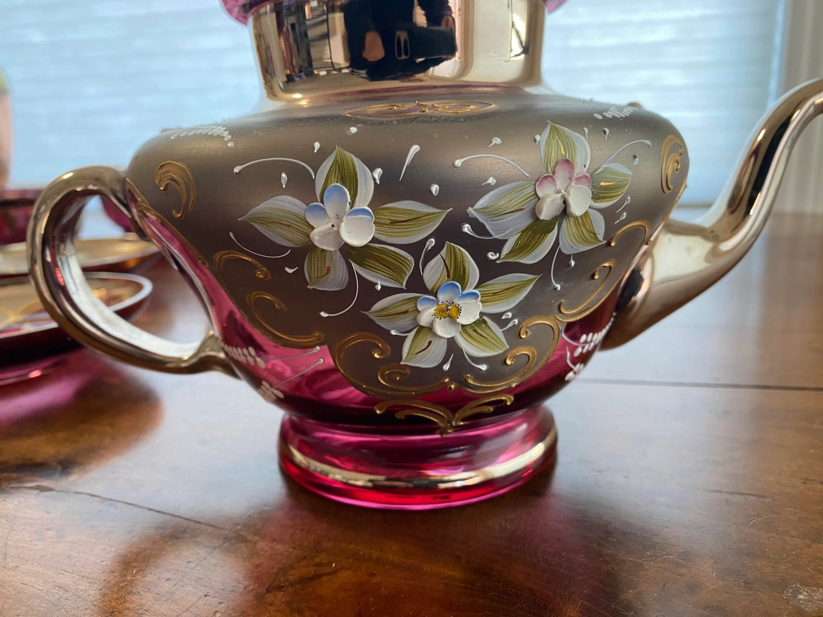 Vintage Venetian Murano Cranberry Glass HandPainted 24k Gold Tea Set- 18 Pieces - 6