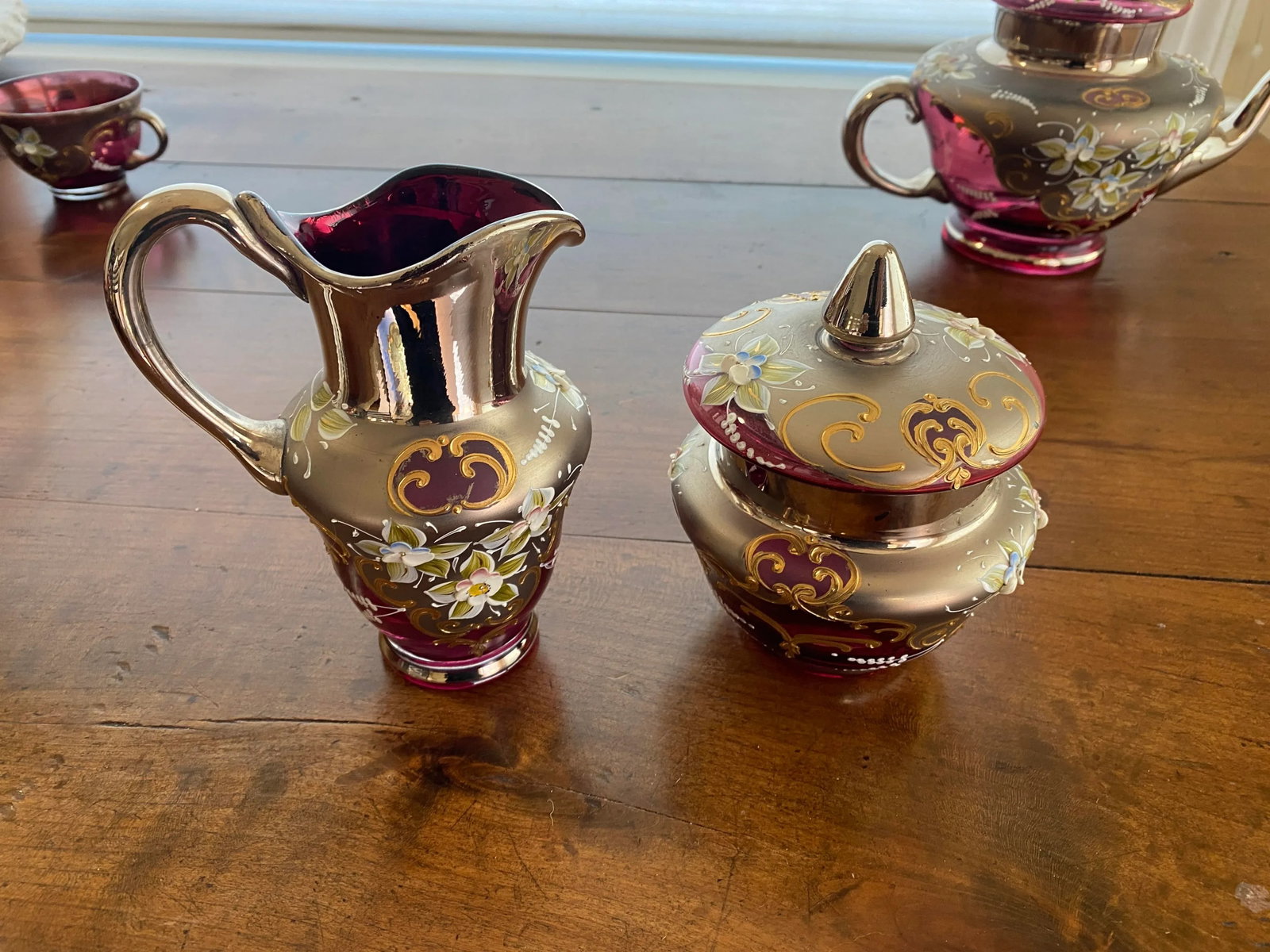 Vintage Venetian Murano Cranberry Glass HandPainted 24k Gold Tea Set- 18 Pieces - 7