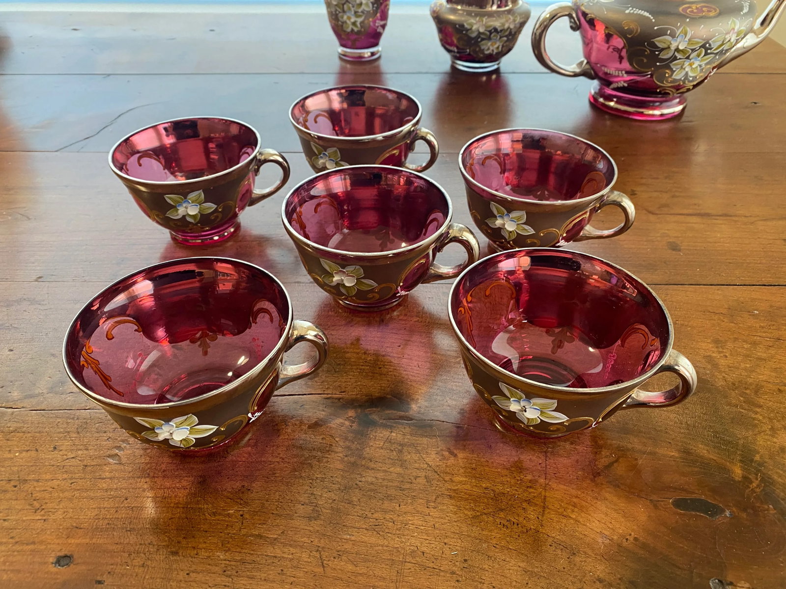 Vintage Venetian Murano Cranberry Glass HandPainted 24k Gold Tea Set- 18 Pieces - 8
