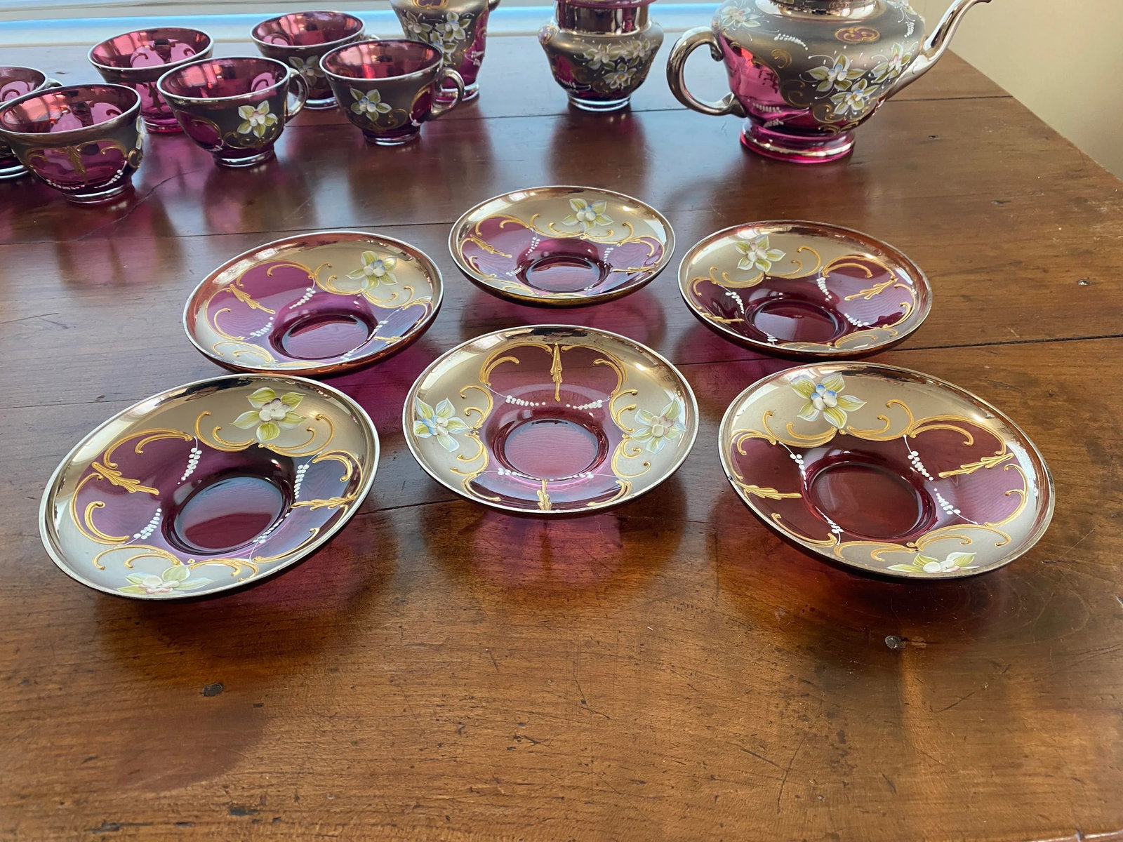 Vintage Venetian Murano Cranberry Glass HandPainted 24k Gold Tea Set- 18 Pieces - 9