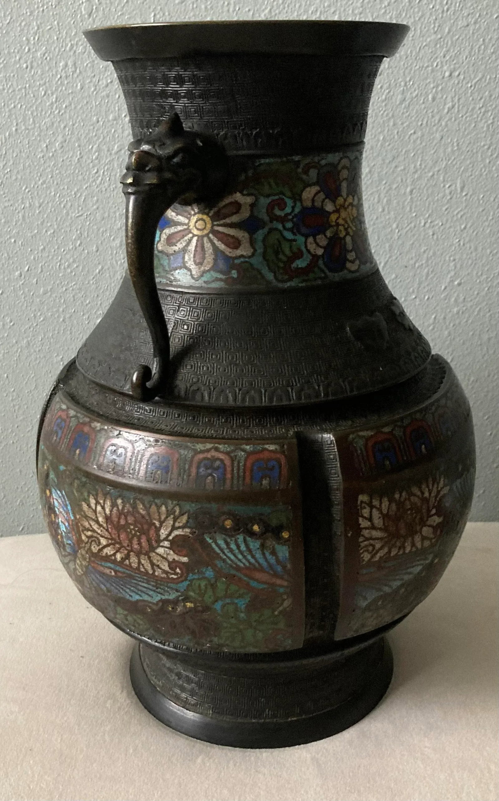 Mid 19th C Bronze Japanese Champleve Urn With Foo Dog Handles - 2