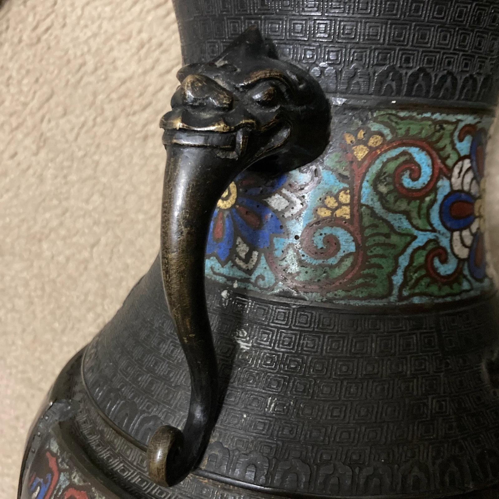 Mid 19th C Bronze Japanese Champleve Urn With Foo Dog Handles - 8