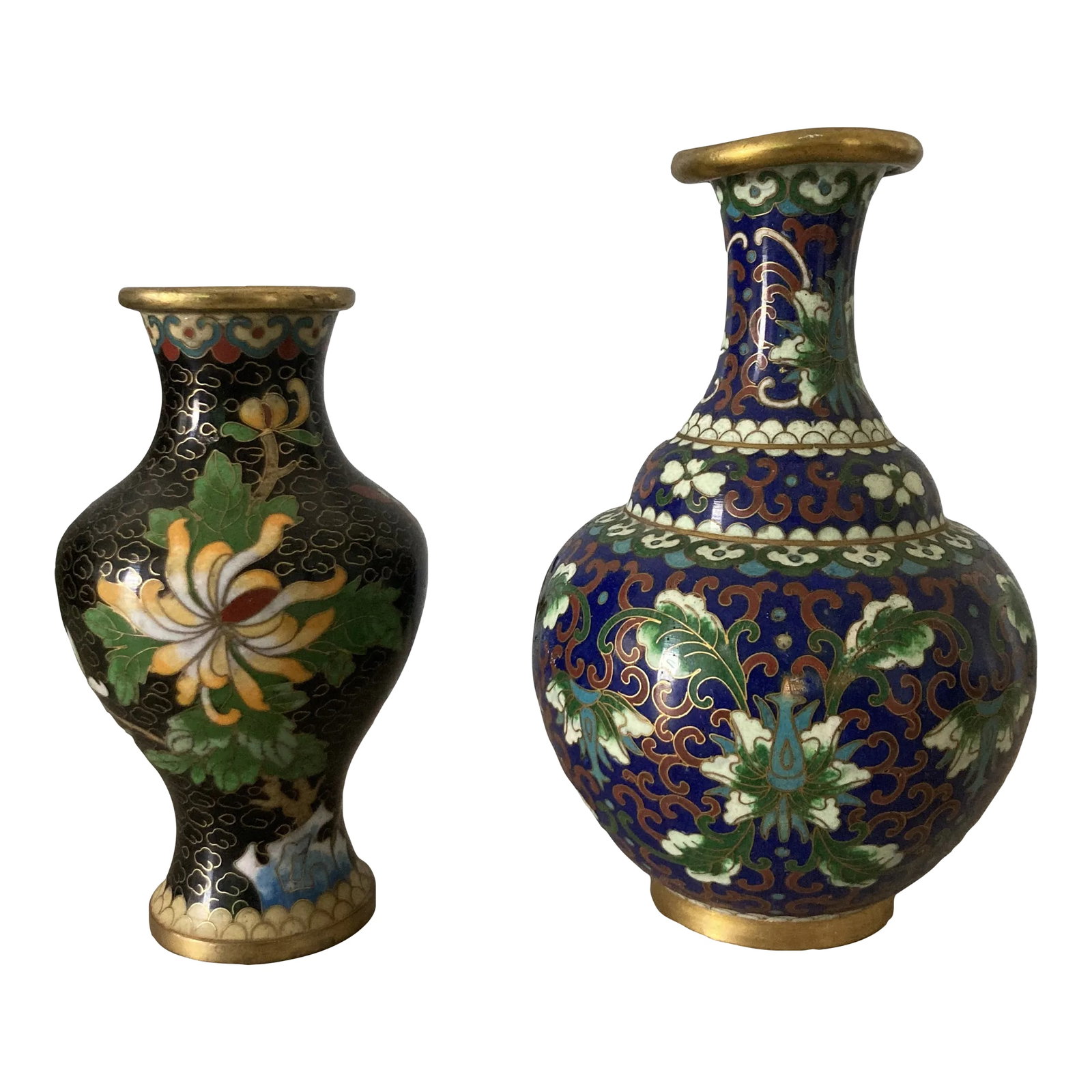 Set of Two Petite Mid 20th Century Chinese Cloisonne Bud Vases: Cloisonne is nothing less than true artistry. Every wire is carefully bent into its shape and then placed onto the vessel; finally, filled with enamel and smoothed out for a beautiful finish. The tall