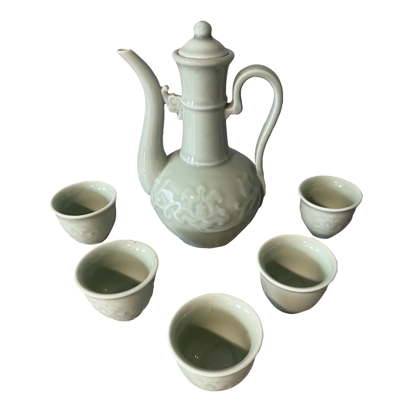 Late 20th Century Celadon Lotus Design Tea Set- 7 Pieces: There is something so special about celadon pottery. This glaze is deep, flawless, no crazing, no chips, cracks, or signs of use. Beautiful addition to your collection, adorned with lotus flowers. Unm