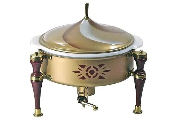 Mid-Century Modern Chafing Dish Warmer: Vintage; 1910-1950, unused, Mid- Century Modern, round, chafing dish warmer w/milk glass casserole dish. Bakeite regency style legs, brass accents, gold colored body & lid, & atomic style brass