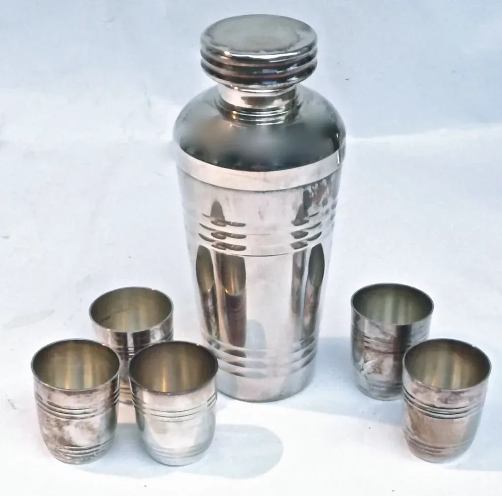 Art Deco Silver Cocktail Shaker & Cups - Set of 6 - 2