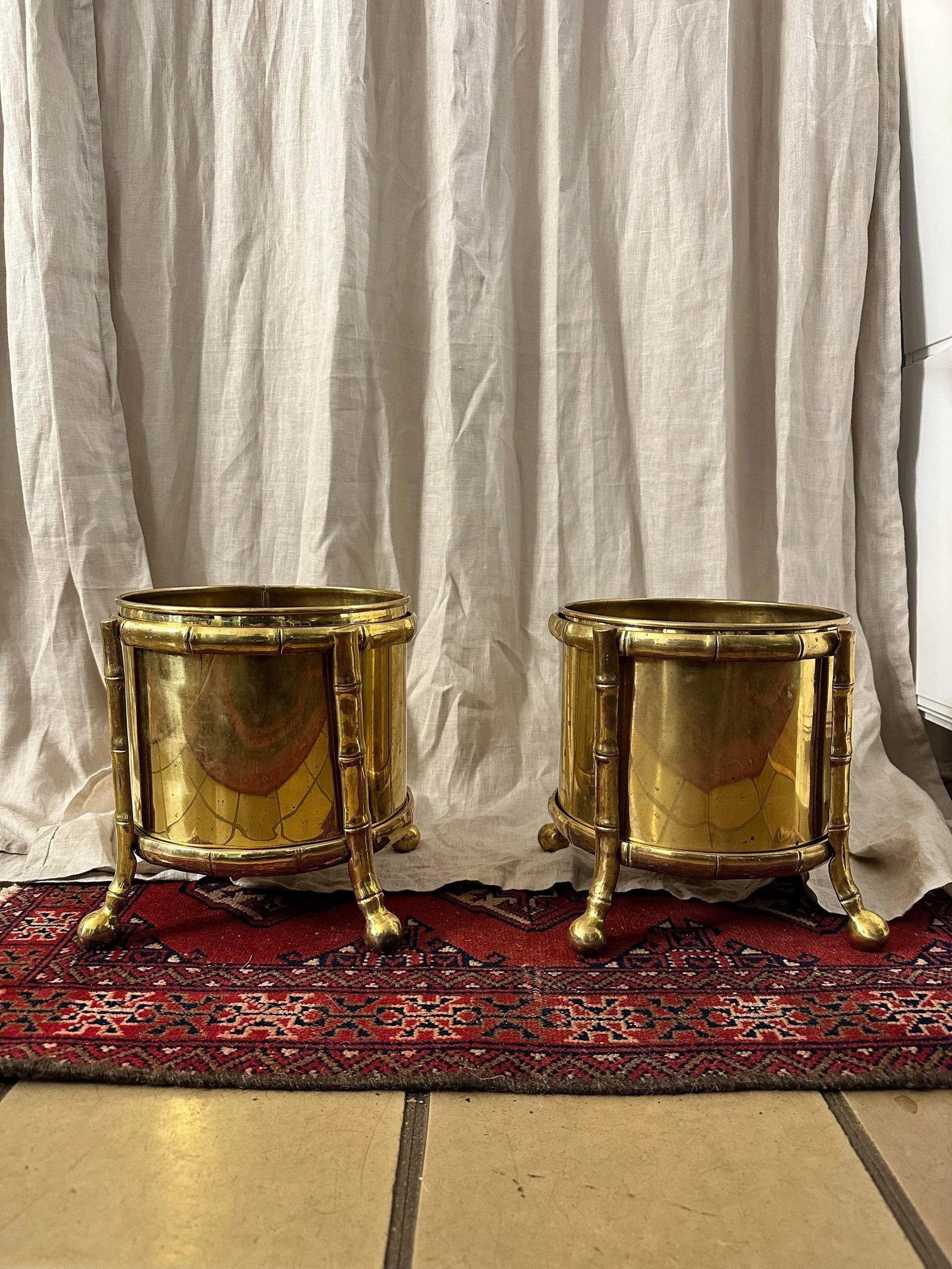 Pair of Maison Bagues Brass Cachepots With Faux Bamboo Holders - 7