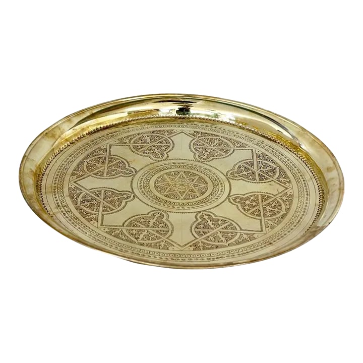 Moroccan Vintage Brass Tray: Add a Moroccan touch to your dining area with this Moroccan Vintage Brass Tray. With a beautifully hand-carved etching and a gold finish, this ornate brass tray can be used for serving or kitchen