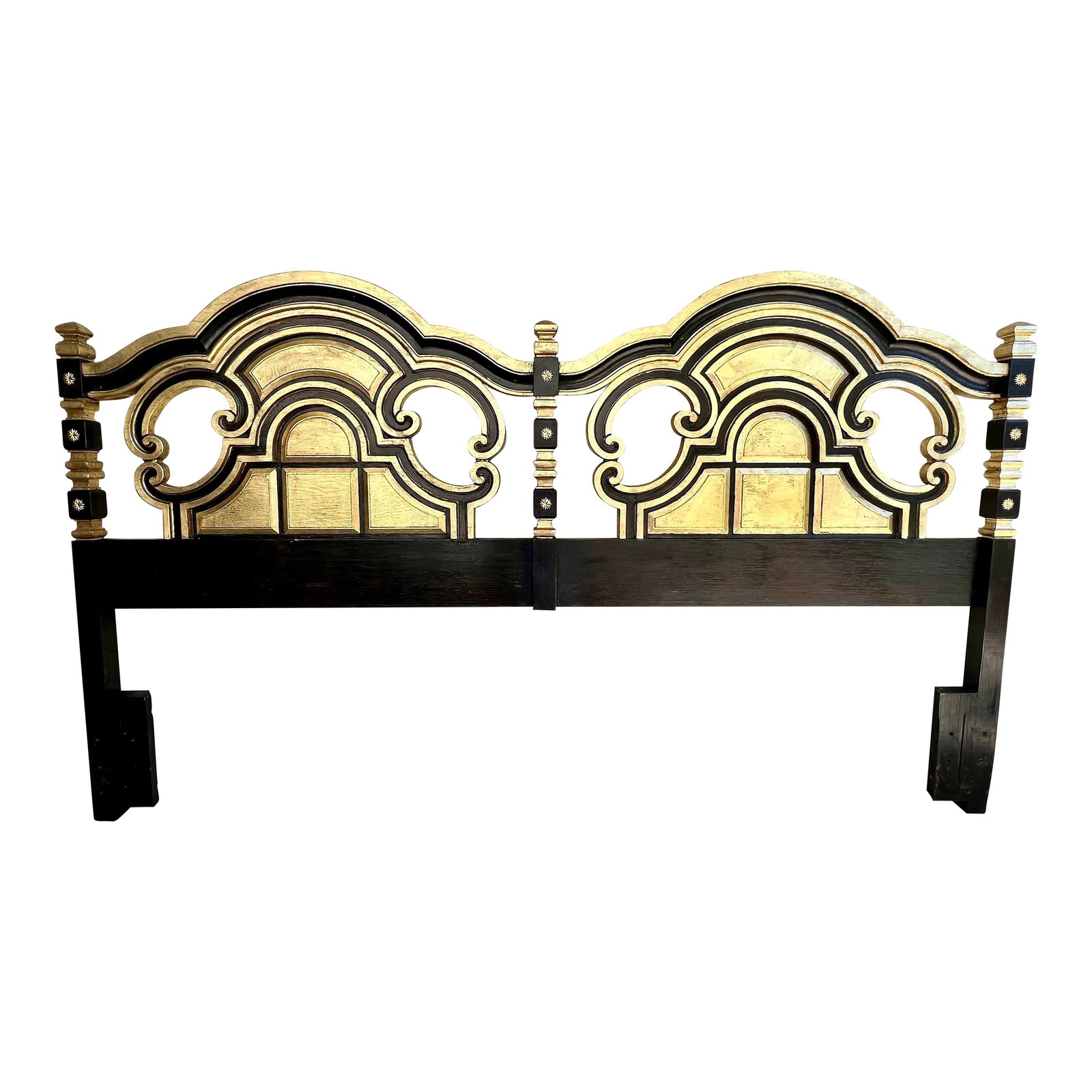 Vintage Hollywood Regency Mediterranean Style Ebony and Parcel Gilt King Size Headboard-Newly Painte: Let me introduce to you this stunning Ebony and Gold gilded Hollywood Regency King Size Bed. Made of walnut by the BASIC WITZ furniture company, their Spanish Mediterranean King Size Headboard has bee