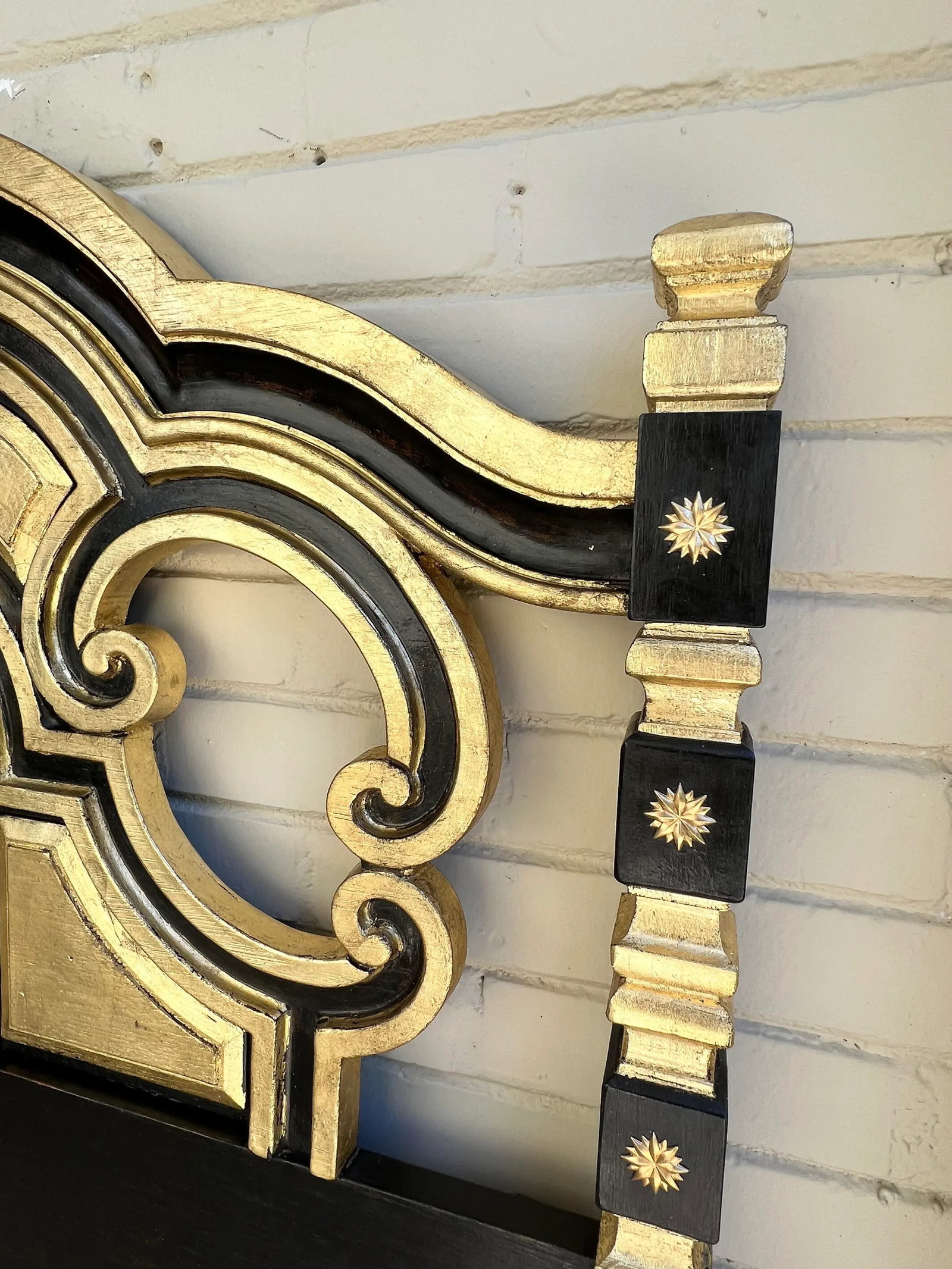 Vintage Hollywood Regency Mediterranean Style Ebony and Parcel Gilt King Size Headboard-Newly Painte - 4