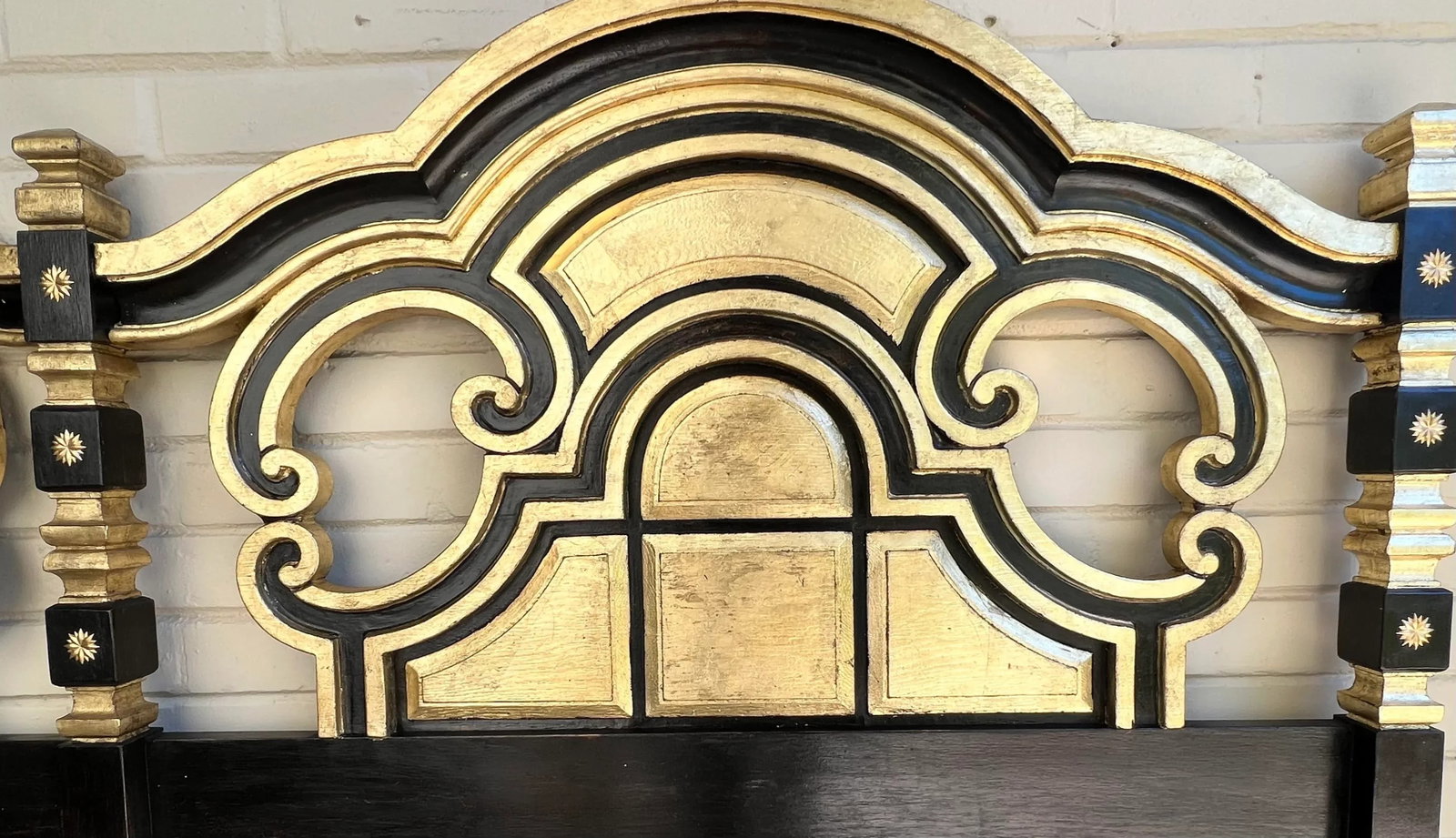 Vintage Hollywood Regency Mediterranean Style Ebony and Parcel Gilt King Size Headboard-Newly Painte - 7