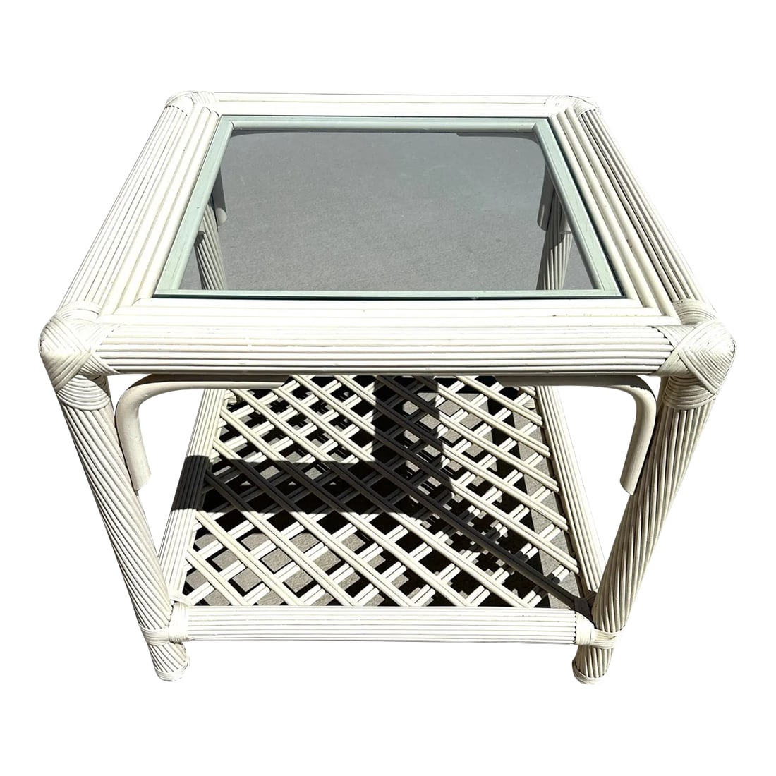 Vintage Ficks Reed White Rattan Side Table: Vintage Ficks Reed Rattan and Glass top Side Table, Keep white or paint a bright color. Perfect for a garden room or covered patio. Its a off white cream color. I also have another variation with no b