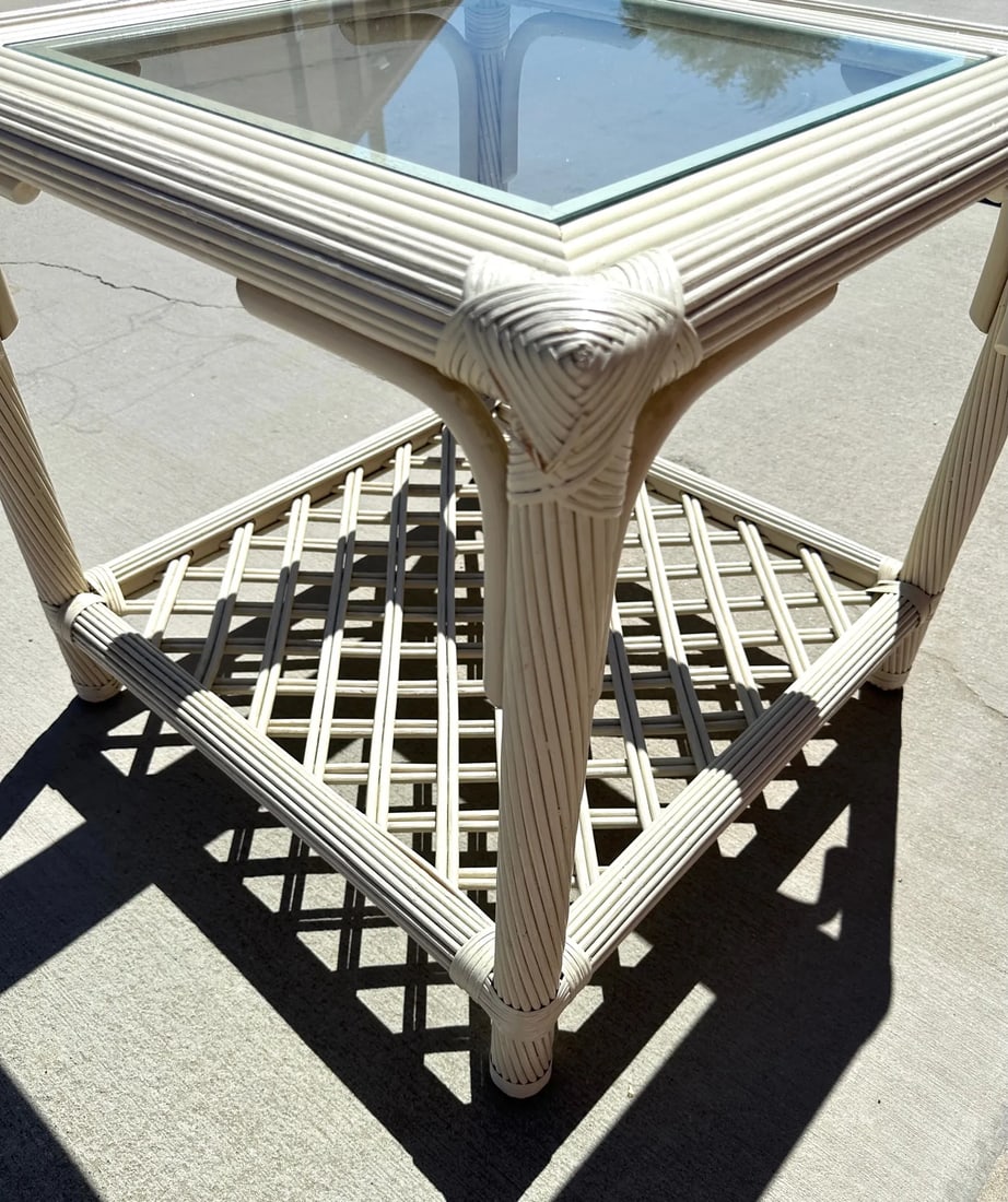 Vintage Ficks Reed White Rattan Side Table - 2