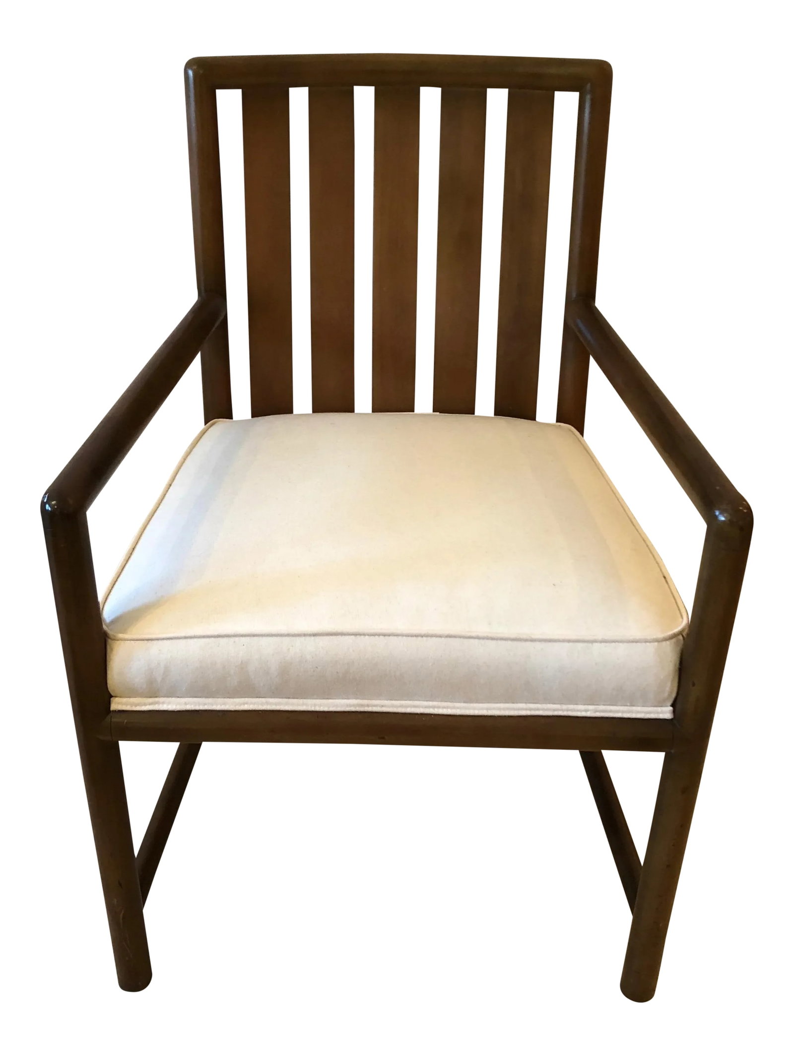 1960s Mid Century Modern T. H. Robsjohn-Gibbings Club Chair: Sleek and classic Robsjohn Gibbings mid century modern walnut arm chair with new white duck comfy upholstered seat. Made in the 1960s. Condition: Alterations: Restored Imperfections: Some Imperfection