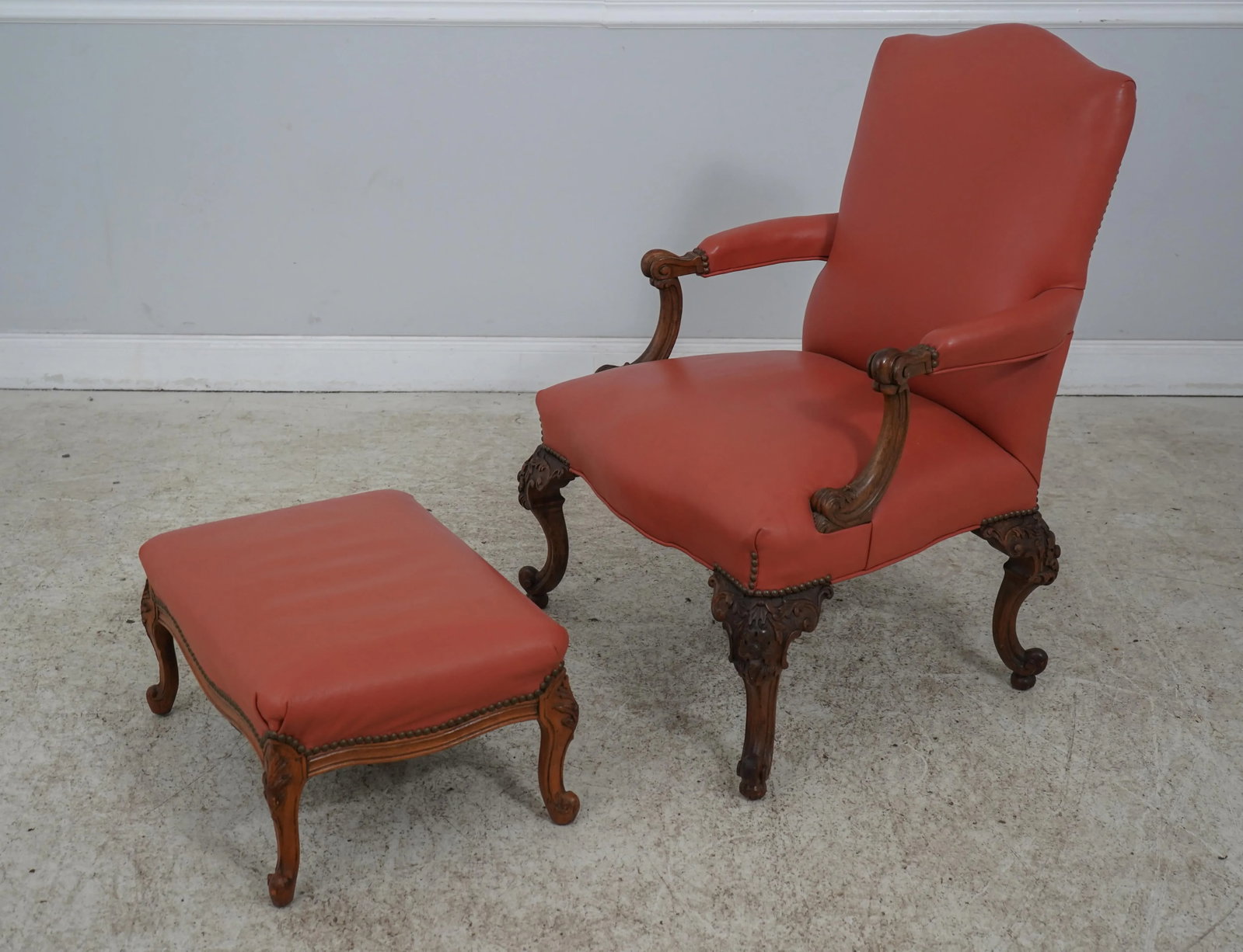 1920s French Louis XV Style Carved Frame Leather Chair & Ottoman - 13
